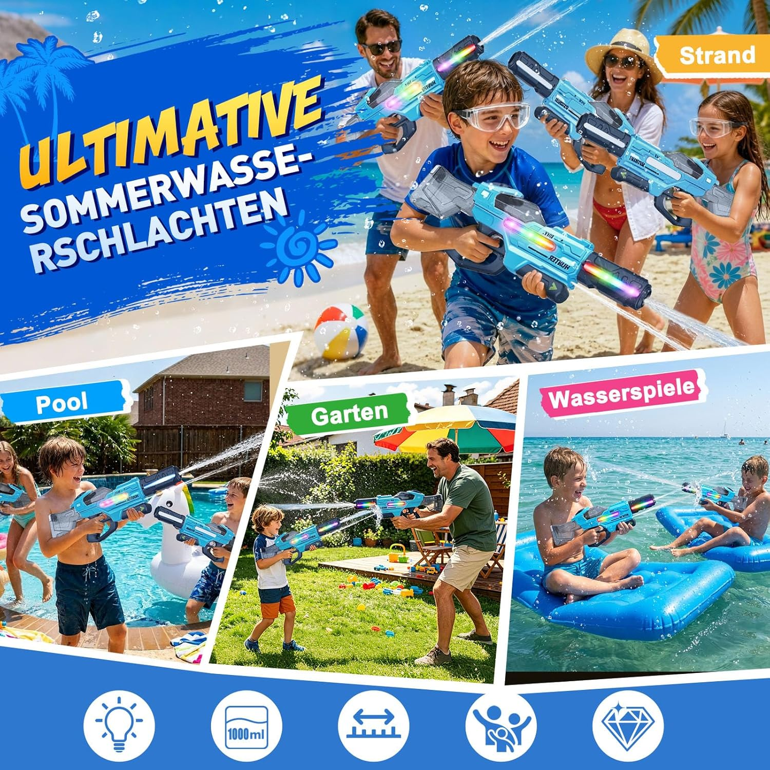 Familie am Strand und im Garten mit Wasserpistolen. Kinder planschen im Pool und auf Luftmatratzen.