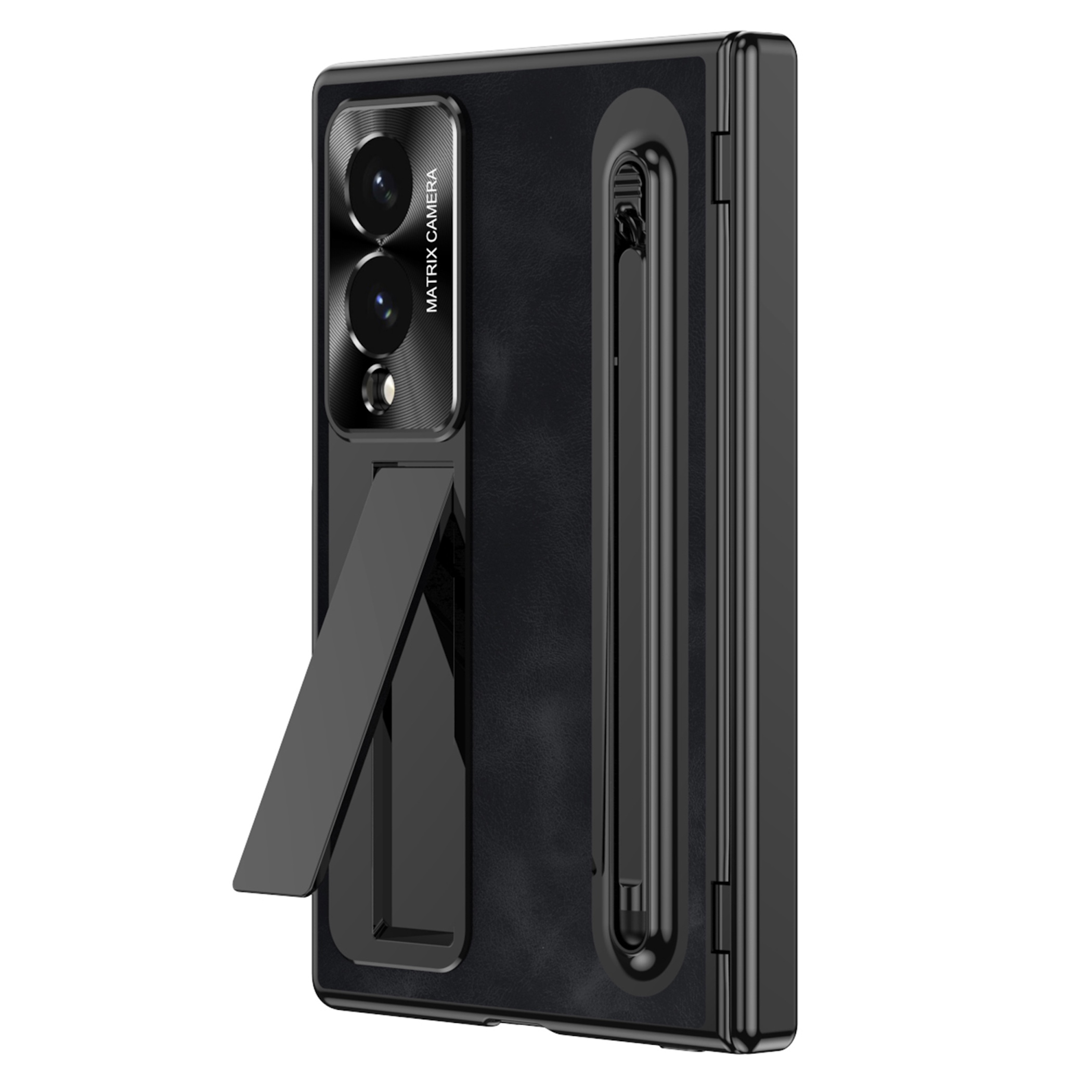 Schwarzes Handy-Etui mit Ständer und Stifthalter, Matrix-Kamera-Aufdruck.