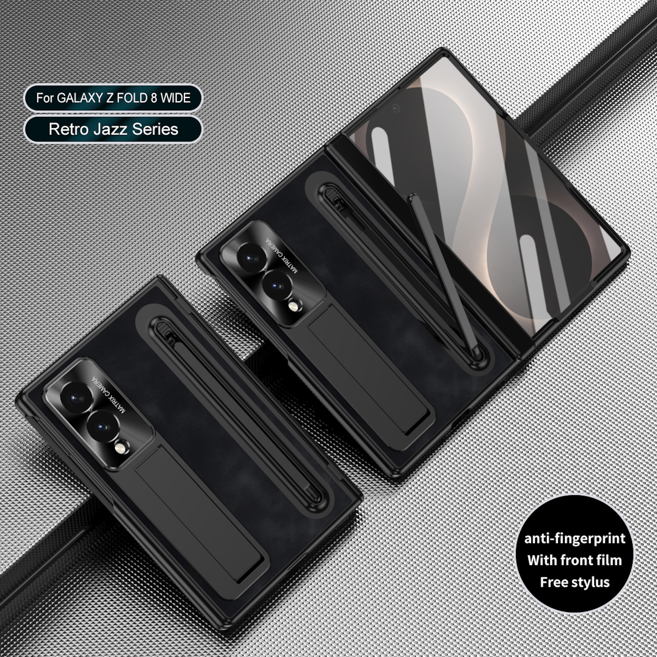 Schwarzes Klapphandy-Etui mit Ständer, S-Stift-Halter und Kamera-Ausschnitt.