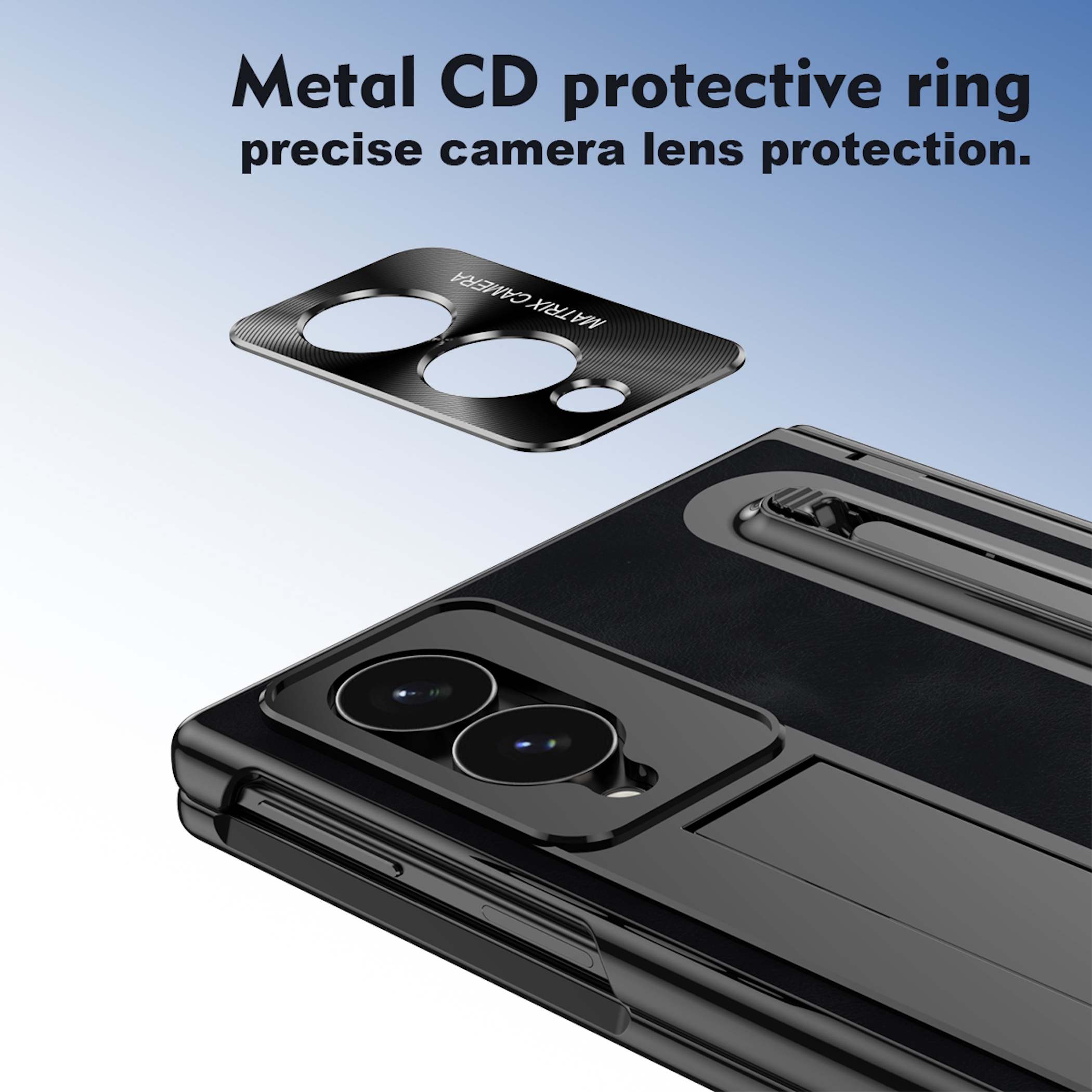 Schwarzes Handy mit Metall-Kamera-Schutzring, der über den Linsen schwebt.