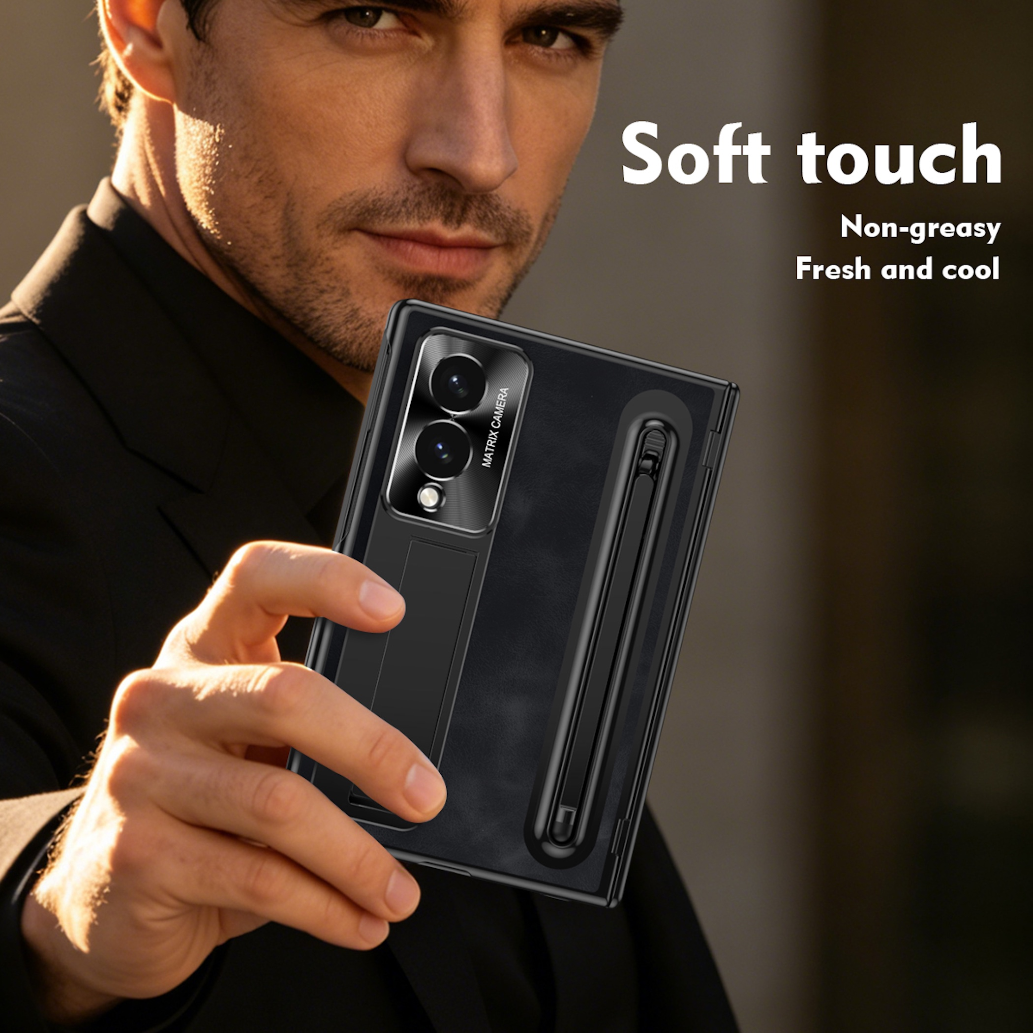 Mann hält ein schwarzes Klapphandy mit Stift. Text: Soft touch.
