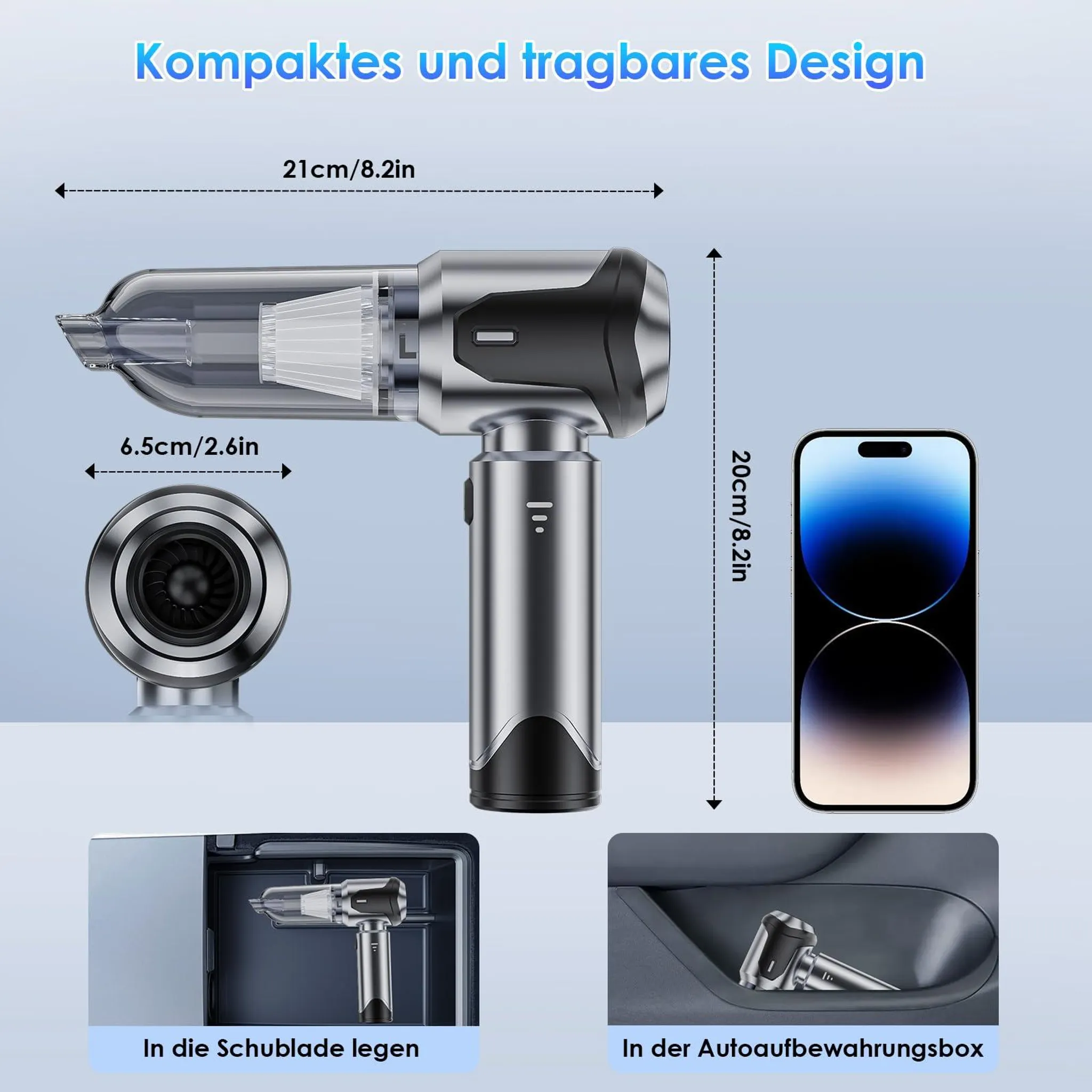 Ein kompakter, silberner Handstaubsauger wird mit Maßen und einem Smartphone verglichen.