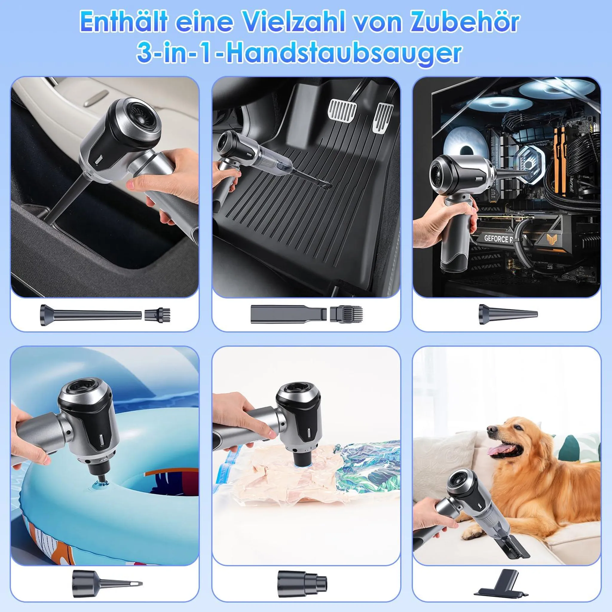 Ein 3-in-1 Handstaubsauger mit Zubehör im Einsatz in Auto, PC und auf einem Sofa.