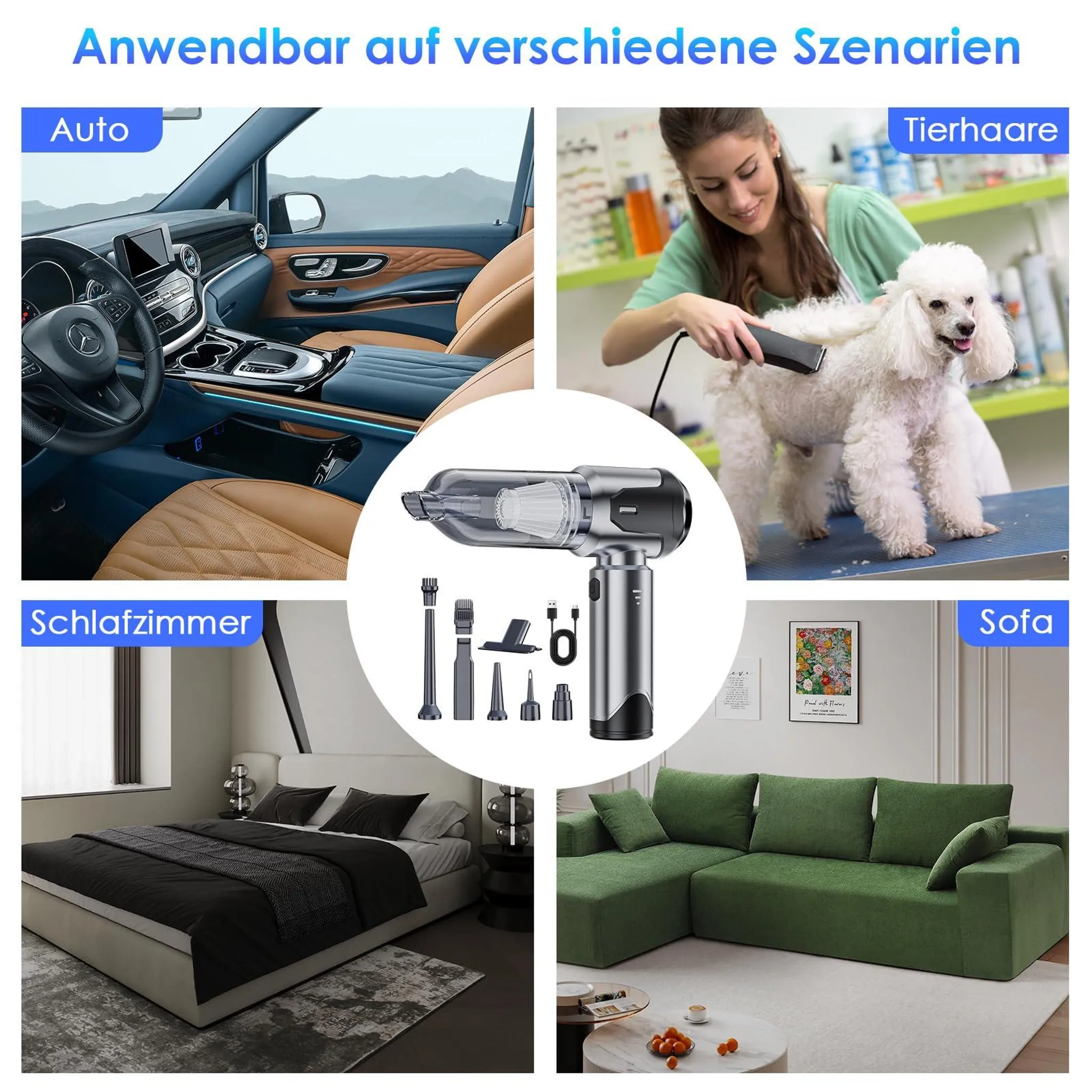 Ein kabelloser Staubsauger mit Zubehör und Anwendungsszenarien: Auto, Tierhaare, Schlafzimmer, Sofa.