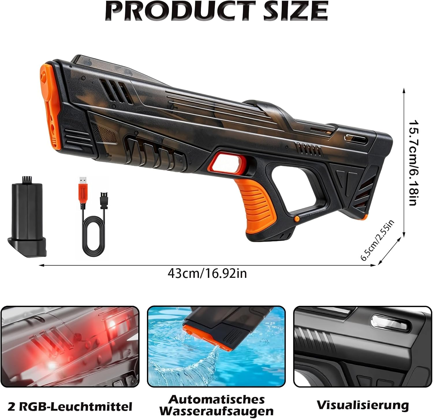 Ein schwarzer und orangefarbener Wasser blaster mit Zubehör und Maßen.
