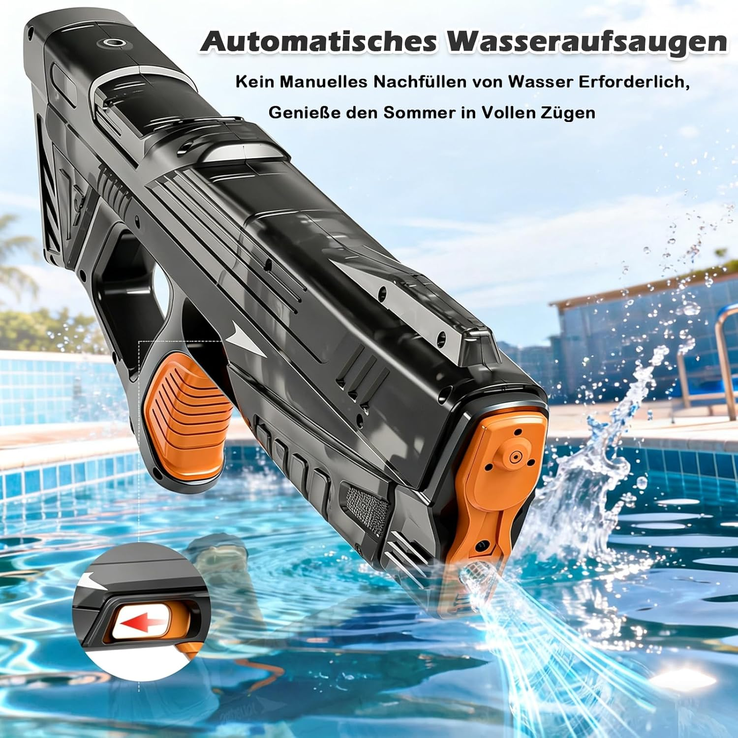 Schwarze und orange Wasserspritzpistole spritzt Wasser in einen blauen Pool.