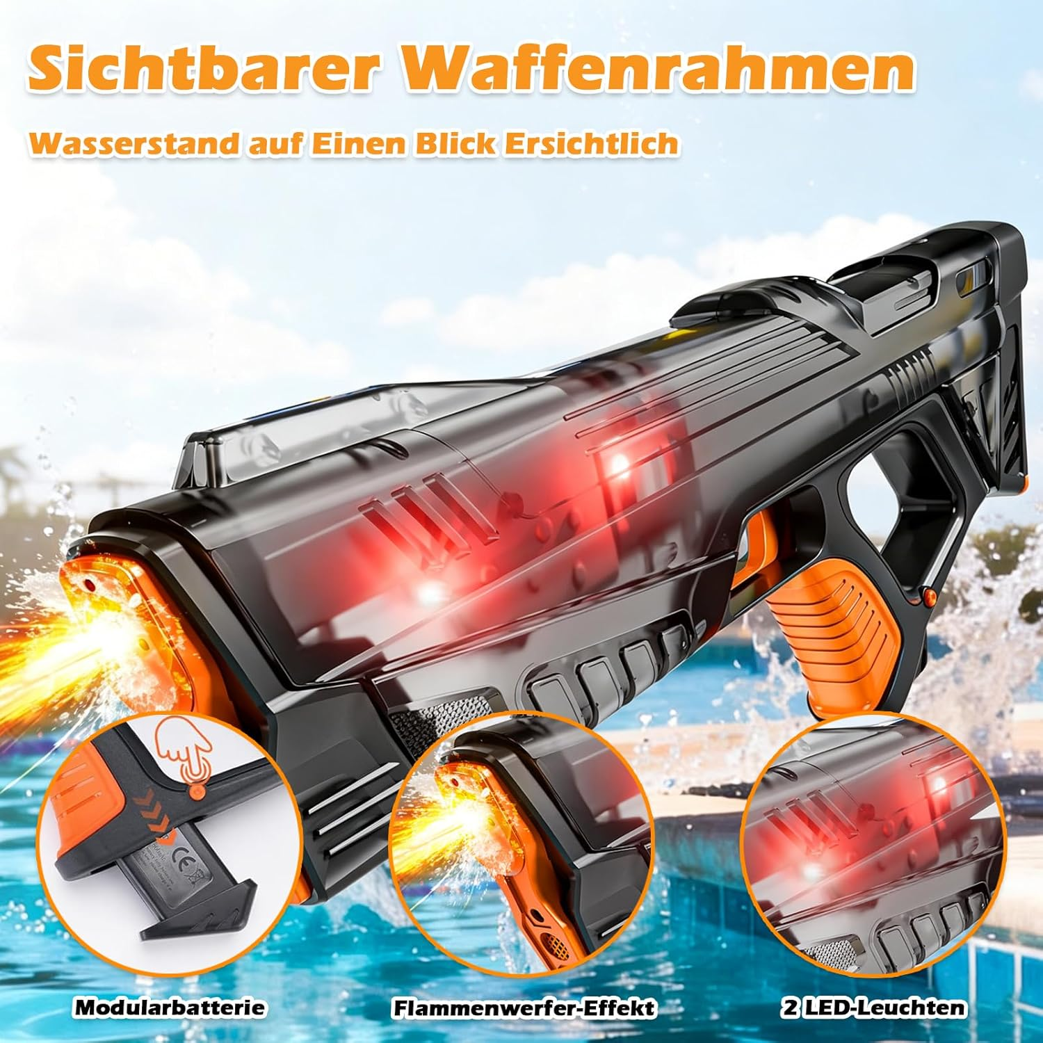 Ein schwarzer und oranger Wasserwerfer mit Lichtern und Wassereffekten am Pool.