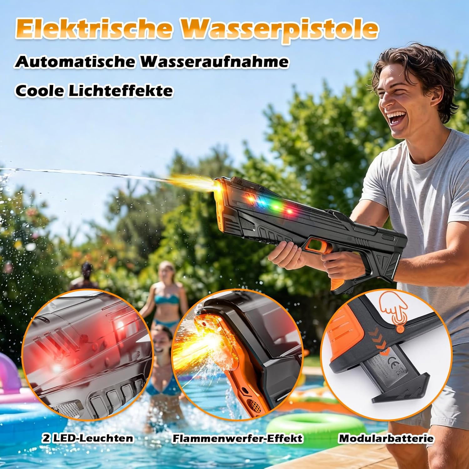 Mann lacht und hält eine elektrische Wasserpistole mit bunten Lichtern, die Wasser spritzt.