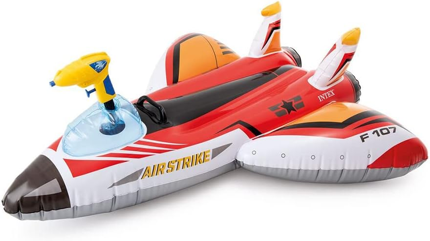Aufblasbares rotes Flugzeug mit gelber Wasserpistole und schwarzem Cockpit.