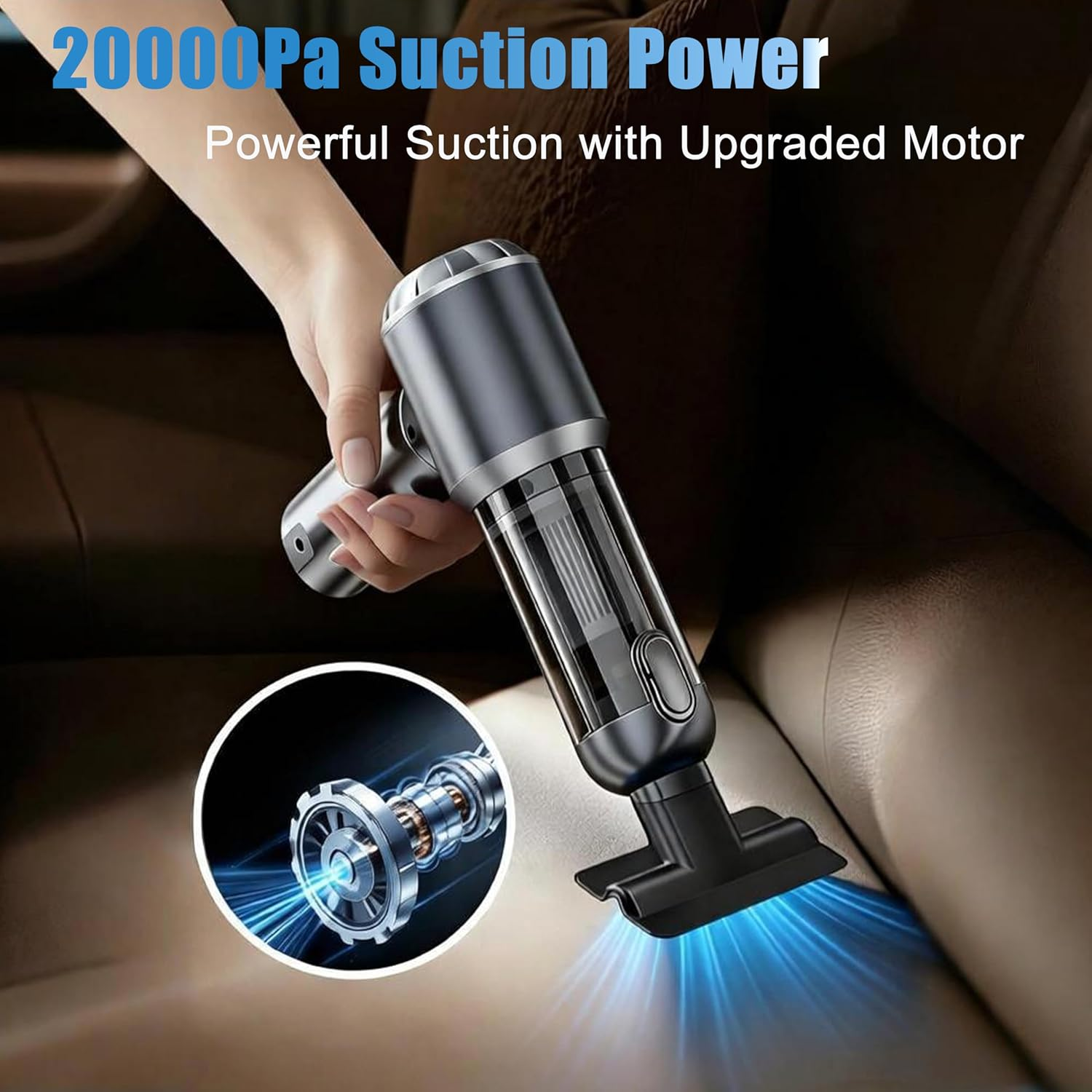 Handstaubsauger mit blauem Lichtstrahl auf einem Autositz und Nahaufnahme des Motors.