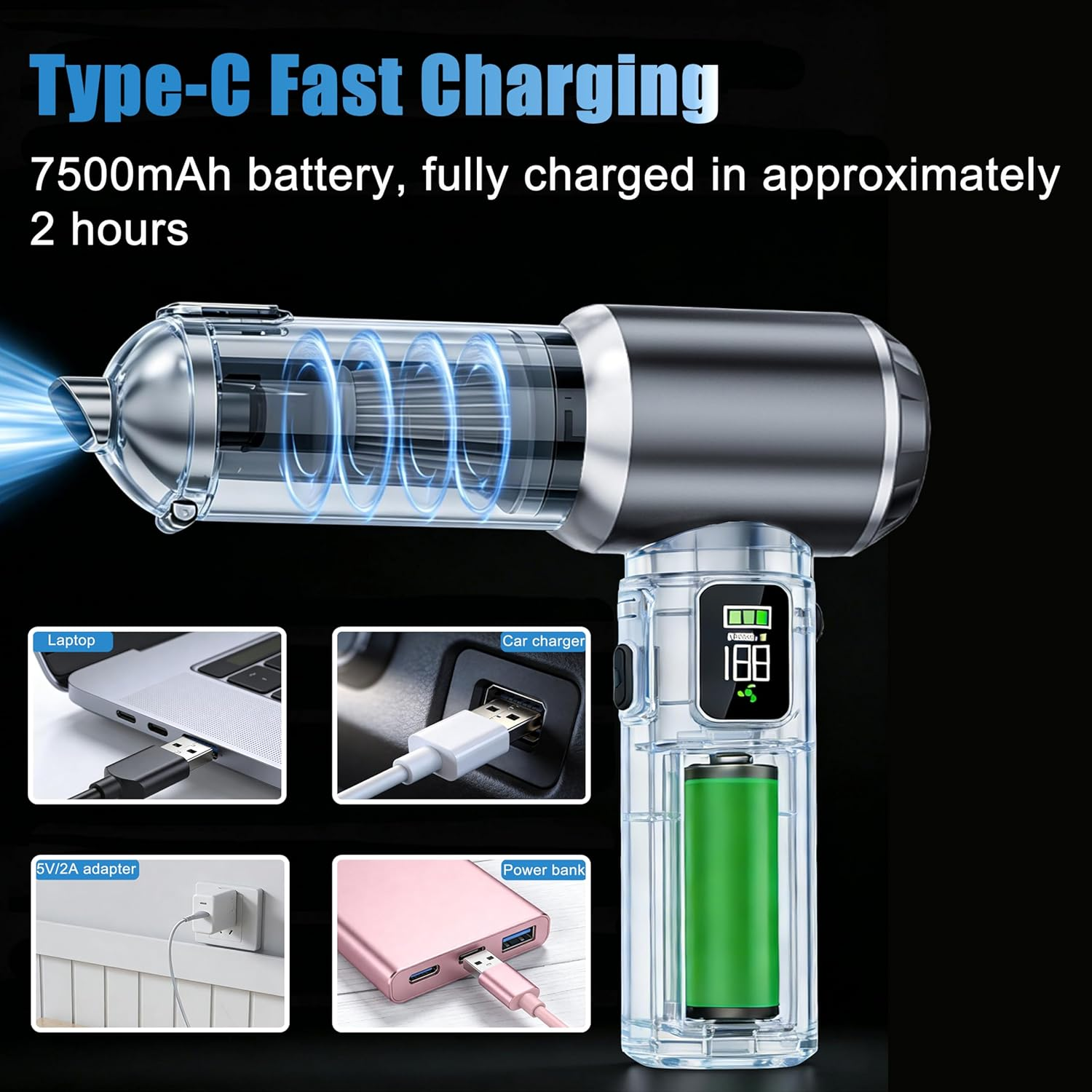 Gerät mit Typ-C-Schnellladung, 7500mAh Akku, 4 Klicks