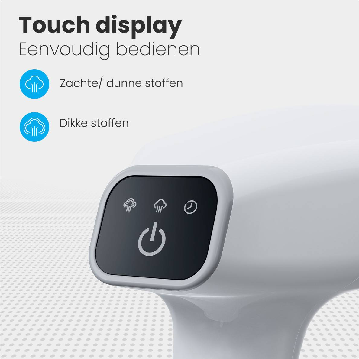 Ein Touchscreen-Display mit Symbolen für zwei Stoffarten und eine Zeitschaltuhr.