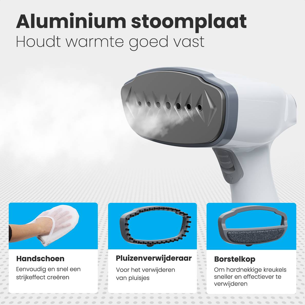 Dampfbügeleisen mit Aufsätzen: Handschuh, Fusselentferner, Bürstenkopf.