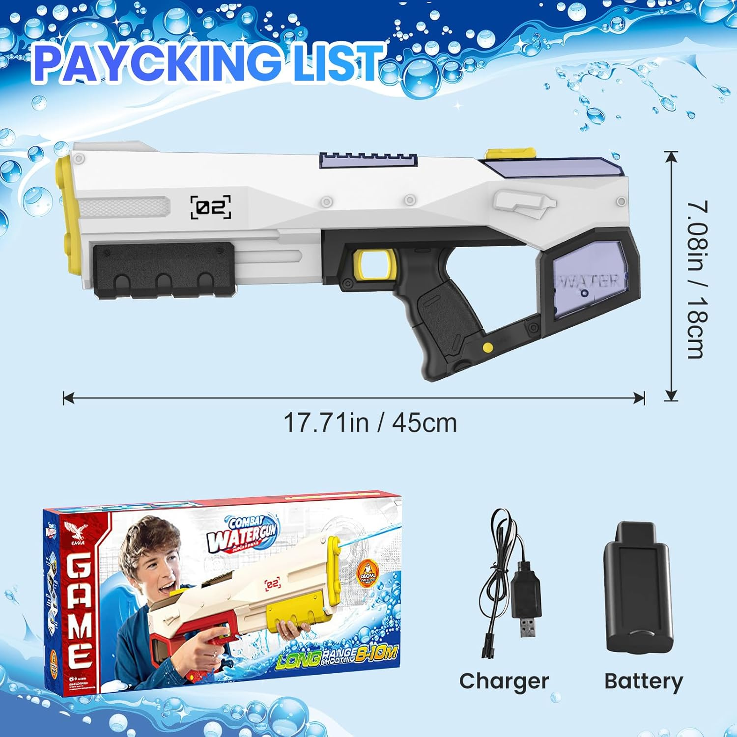 Verpackungsliste: Weie und gelbe Wasserpistole mit Zubehr.