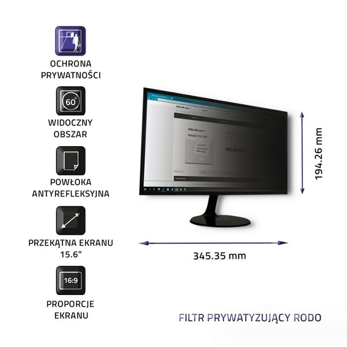 Ein Monitor mit Sichtschutzfilter, 15,6 Zoll, 345,35 mm breit, 194,26 mm hoch.