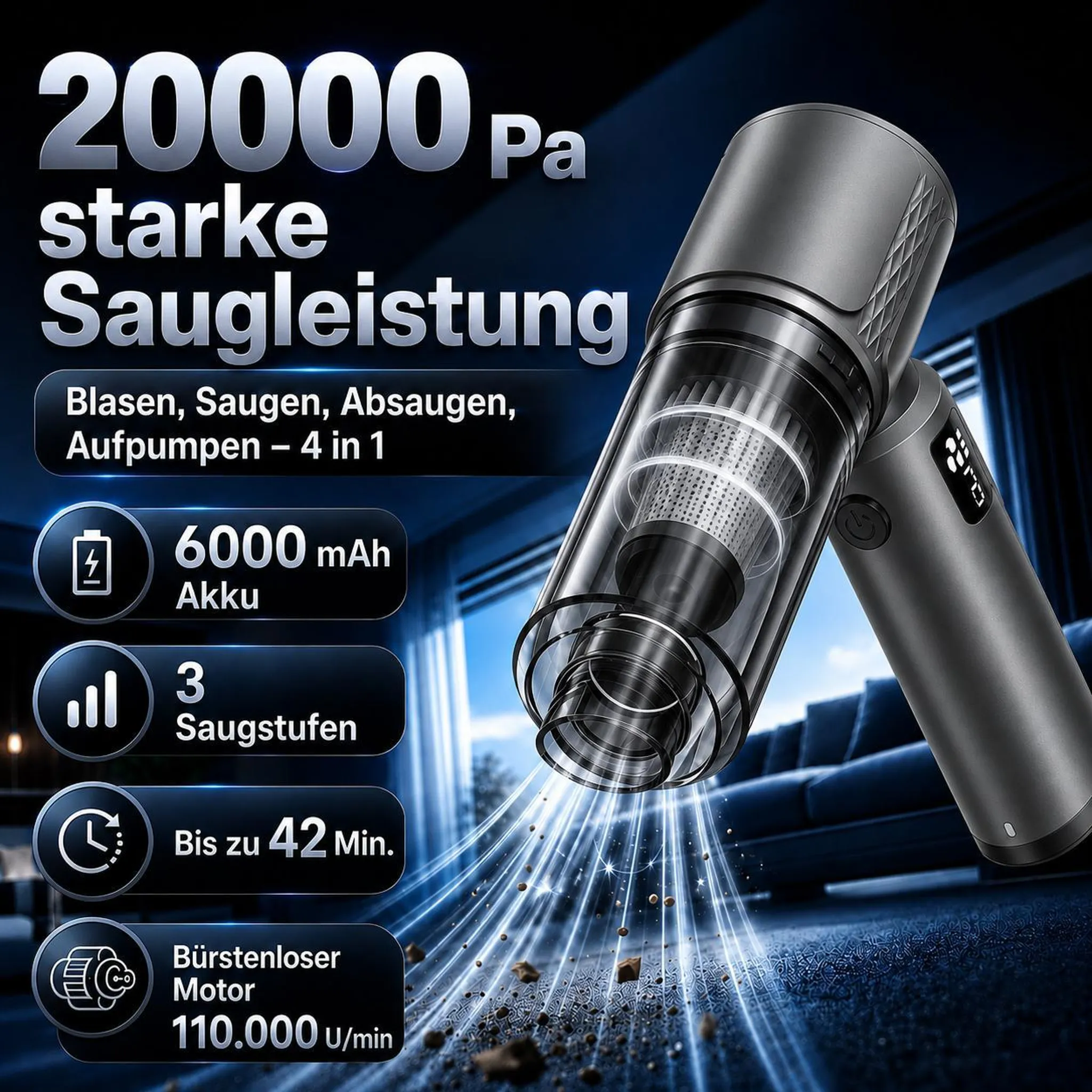 Ein grauer Akku-Staubsauger mit transparentem Behälter saugt Staub auf.