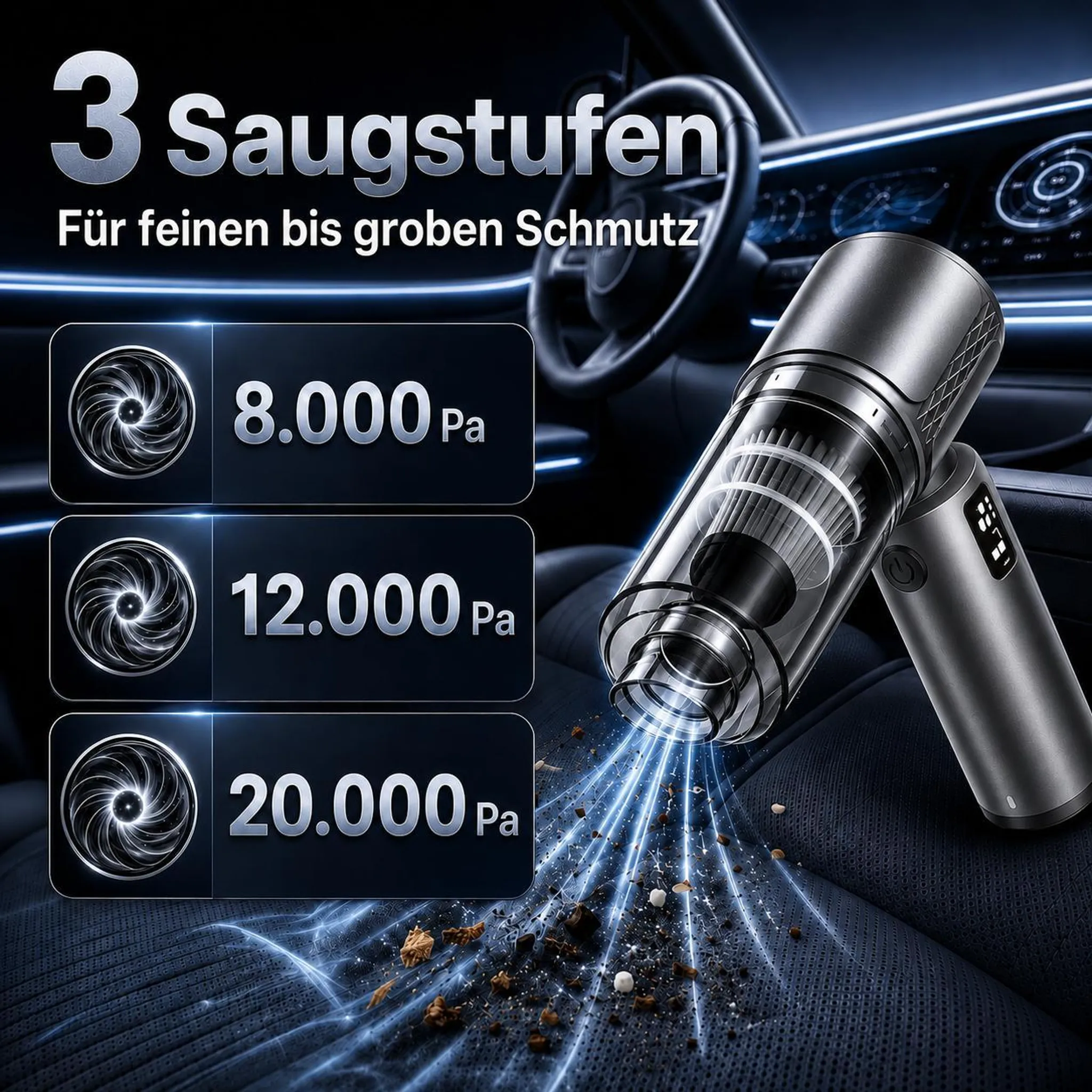 Ein Handstaubsauger saugt Schmutz von Autositzen. 3 Saugstufen.