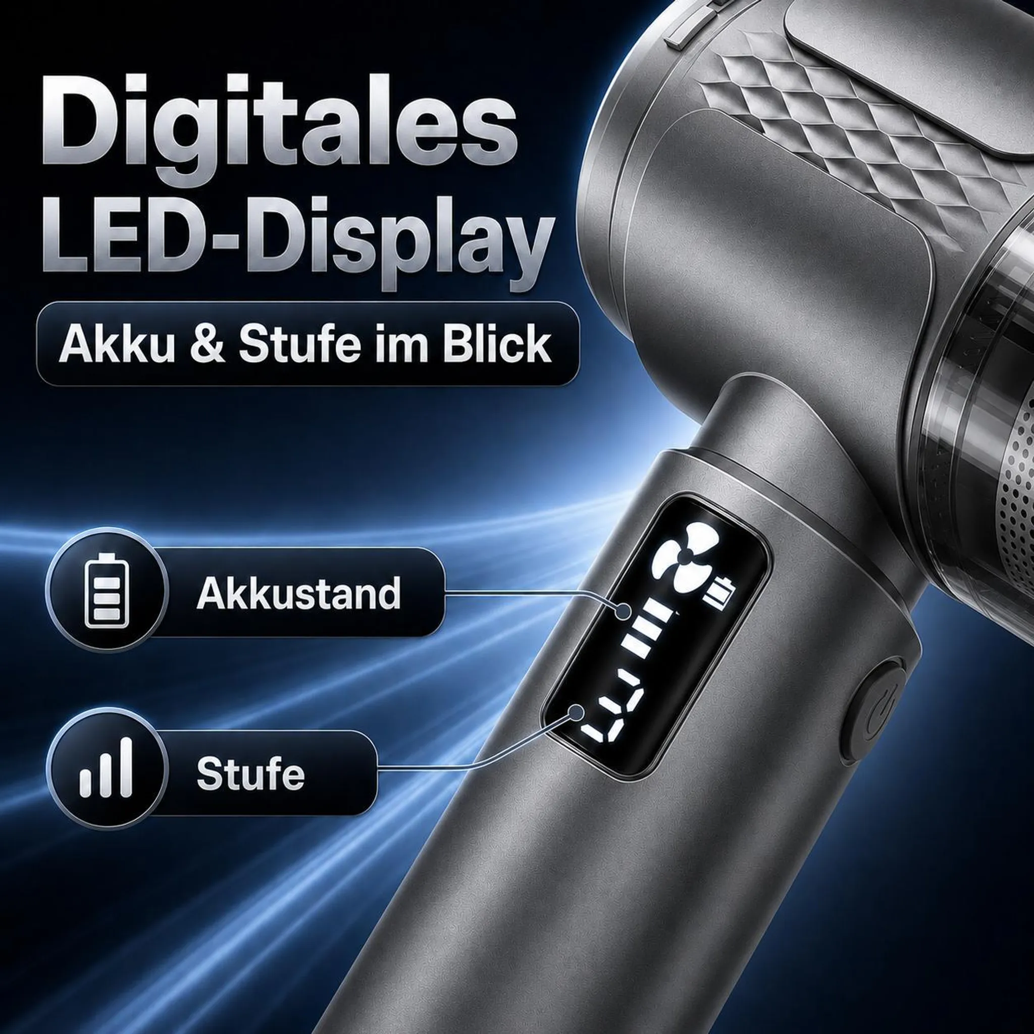 Digitales LED-Display eines Staubsaugers mit Akku- und Stufenanzeige.