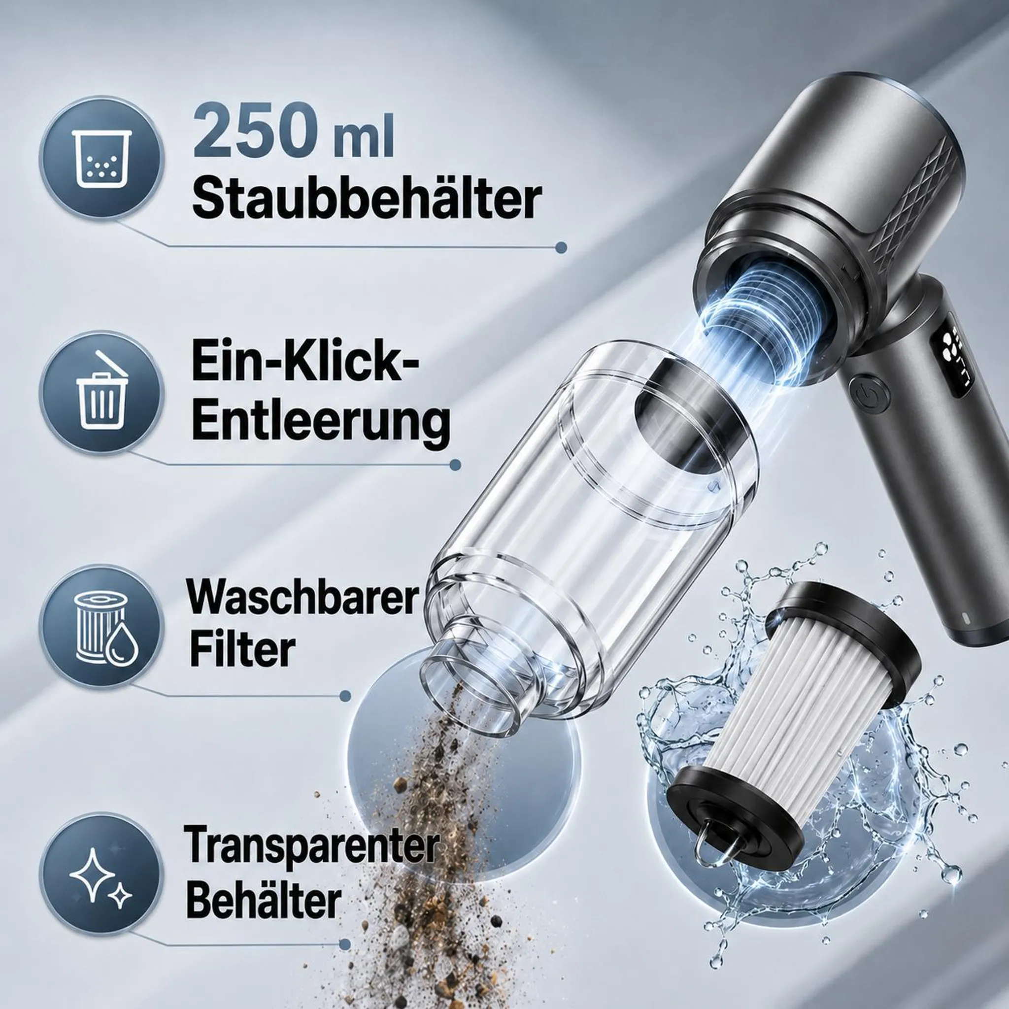 Grauer Handstaubsauger mit transparentem Behälter, Filter und Staubansammlung.