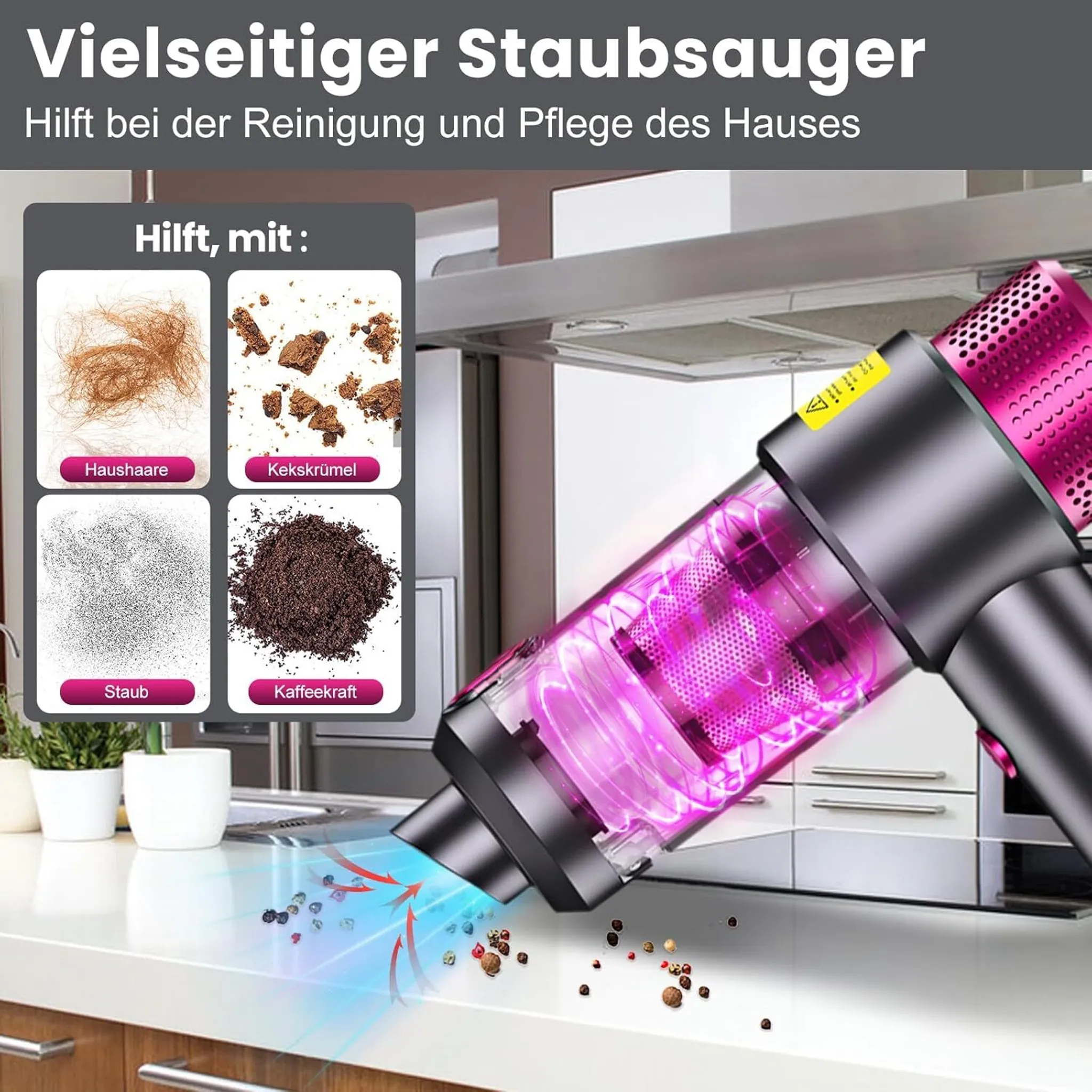Ein Handstaubsauger saugt Krümel, Staub, Haare und Kaffeesatz auf.