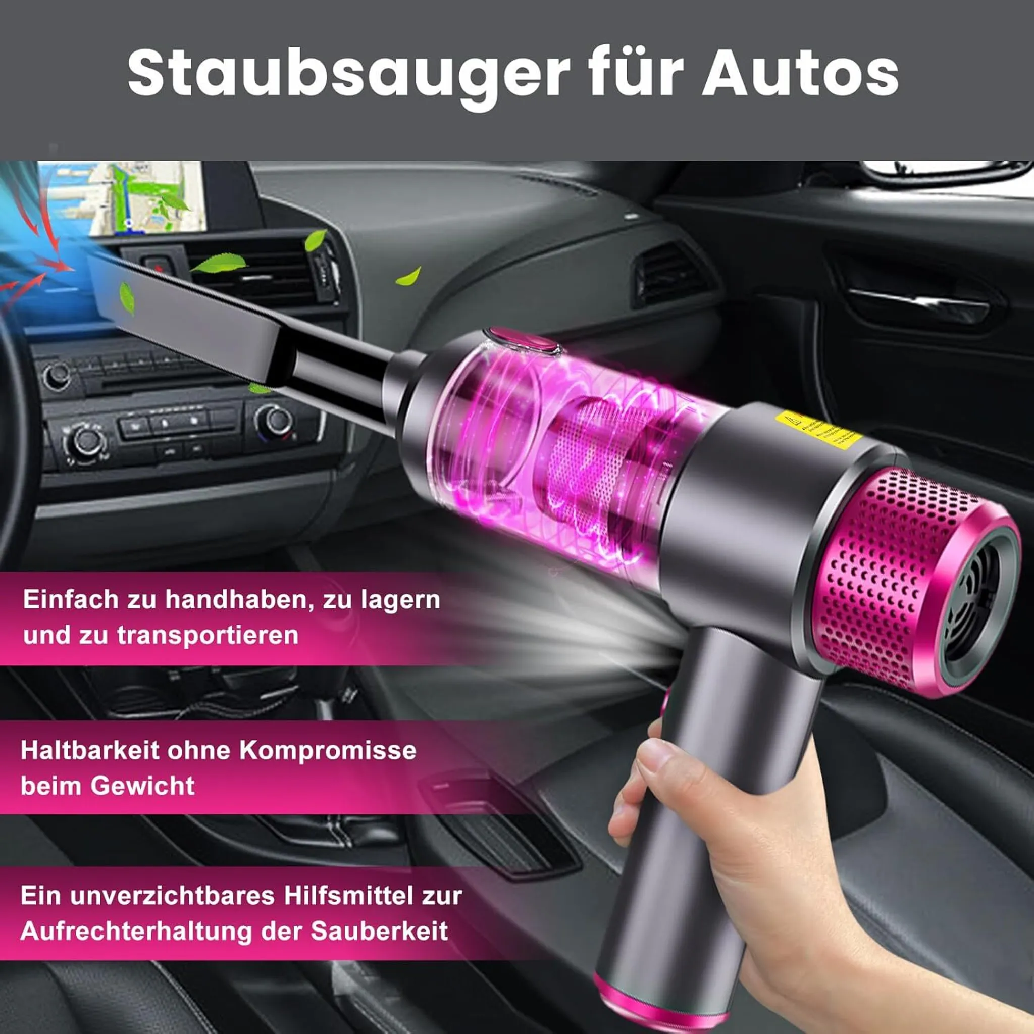 Ein Handstaubsauger mit rosa Akzenten wird in einem Auto gehalten, um Staub zu entfernen.