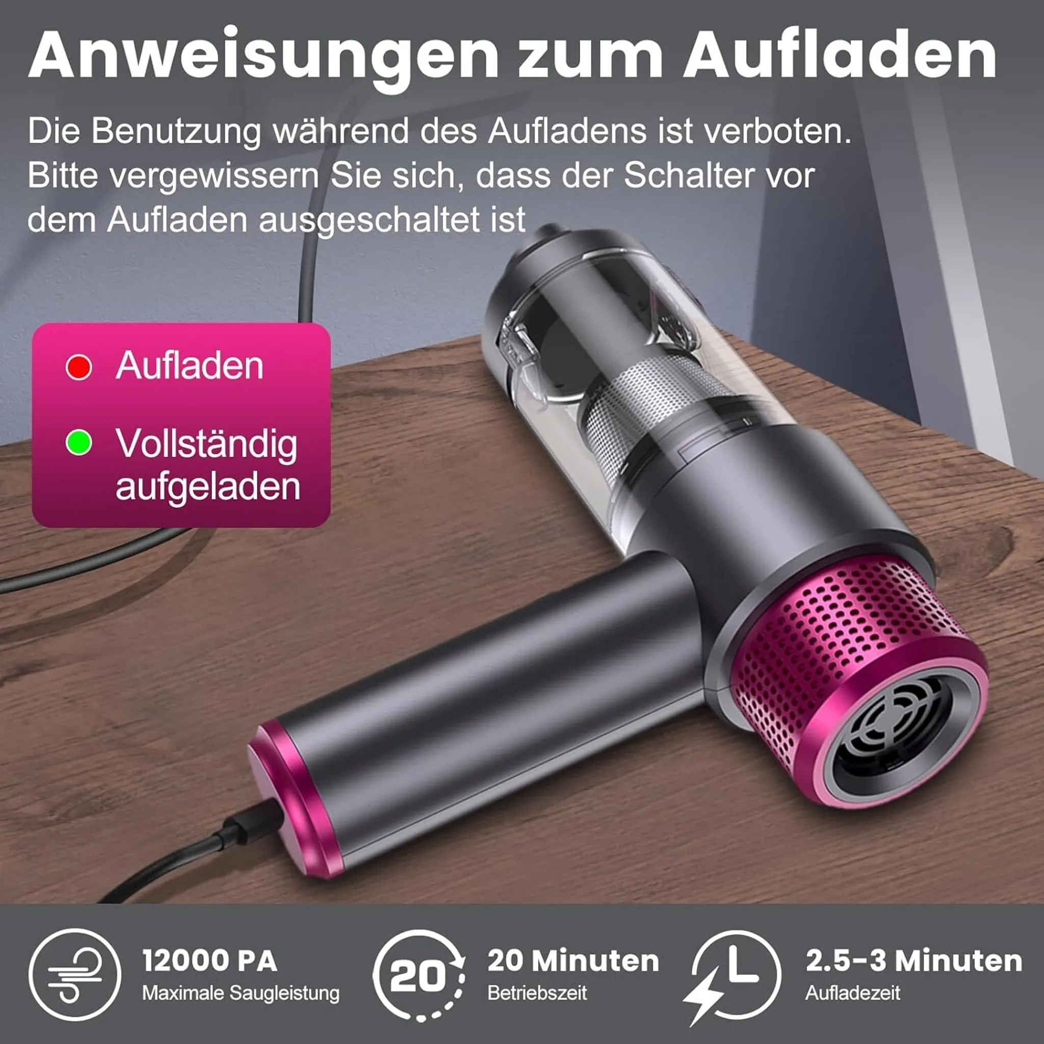 Ein kabelloser Staubsauger mit Ladeanzeige und technischen Daten.