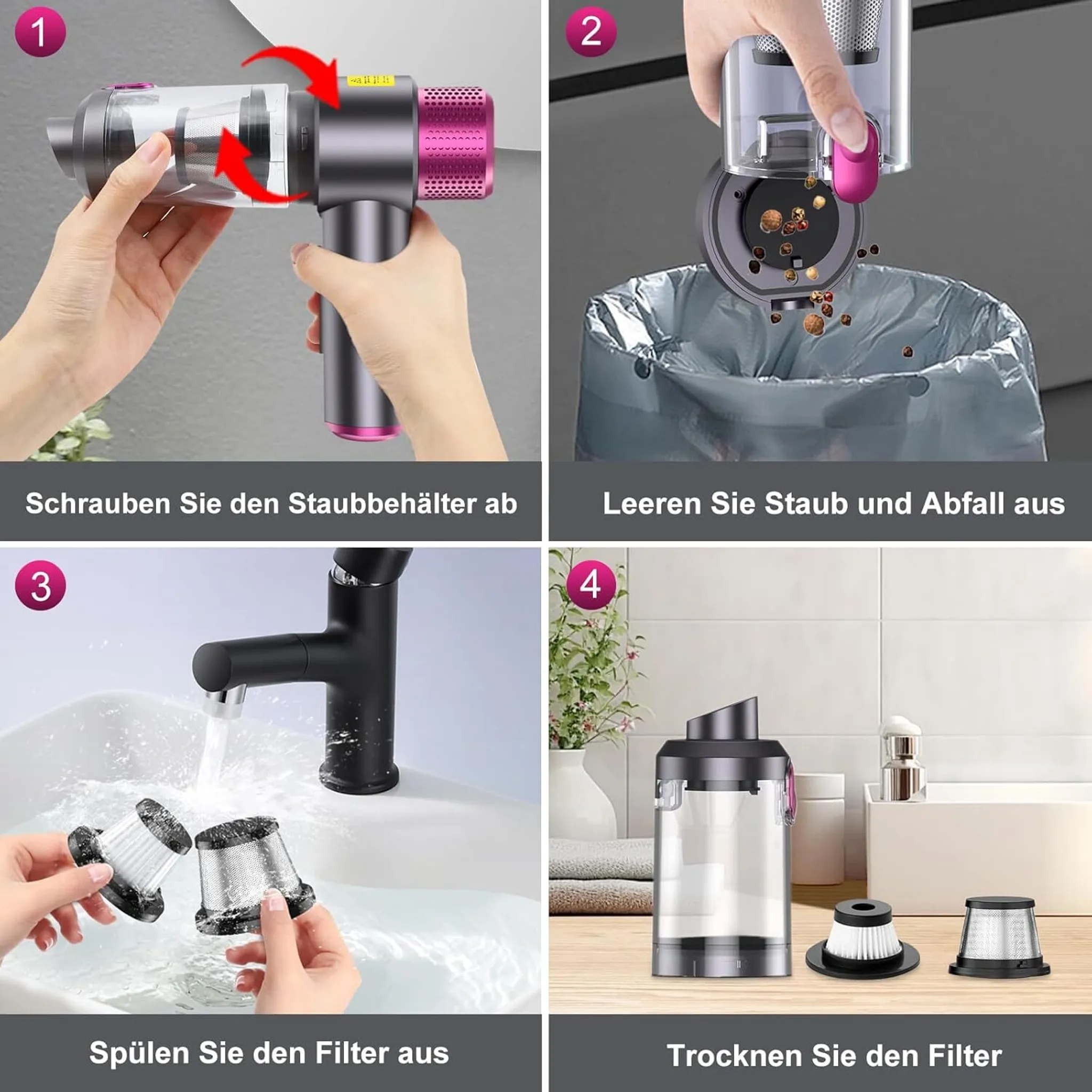 Demonstration von 4 Schritten zur Wartung eines Staubsaugers: Abnehmen, Entleeren, Spülen, Trocknen.