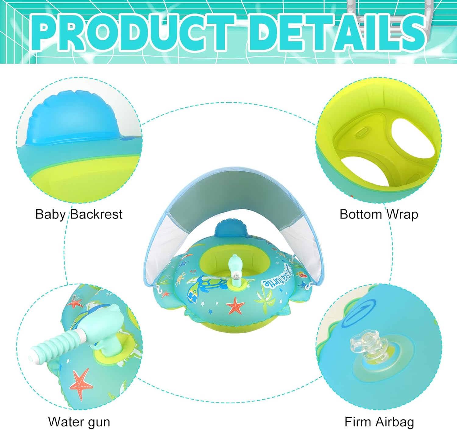 Produktdetails eines blau-grünen Baby-Schwimmrings mit Sonnenschirm, Wasserpistole und beschrifteten Teilen.