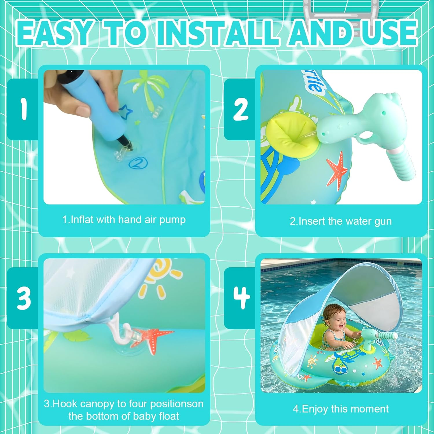 Schritt-für-Schritt-Anleitung für einen Baby-Schwimmring: Aufpumpen, Wasserpistole einsetzen, Verdeck befestigen, genießen.