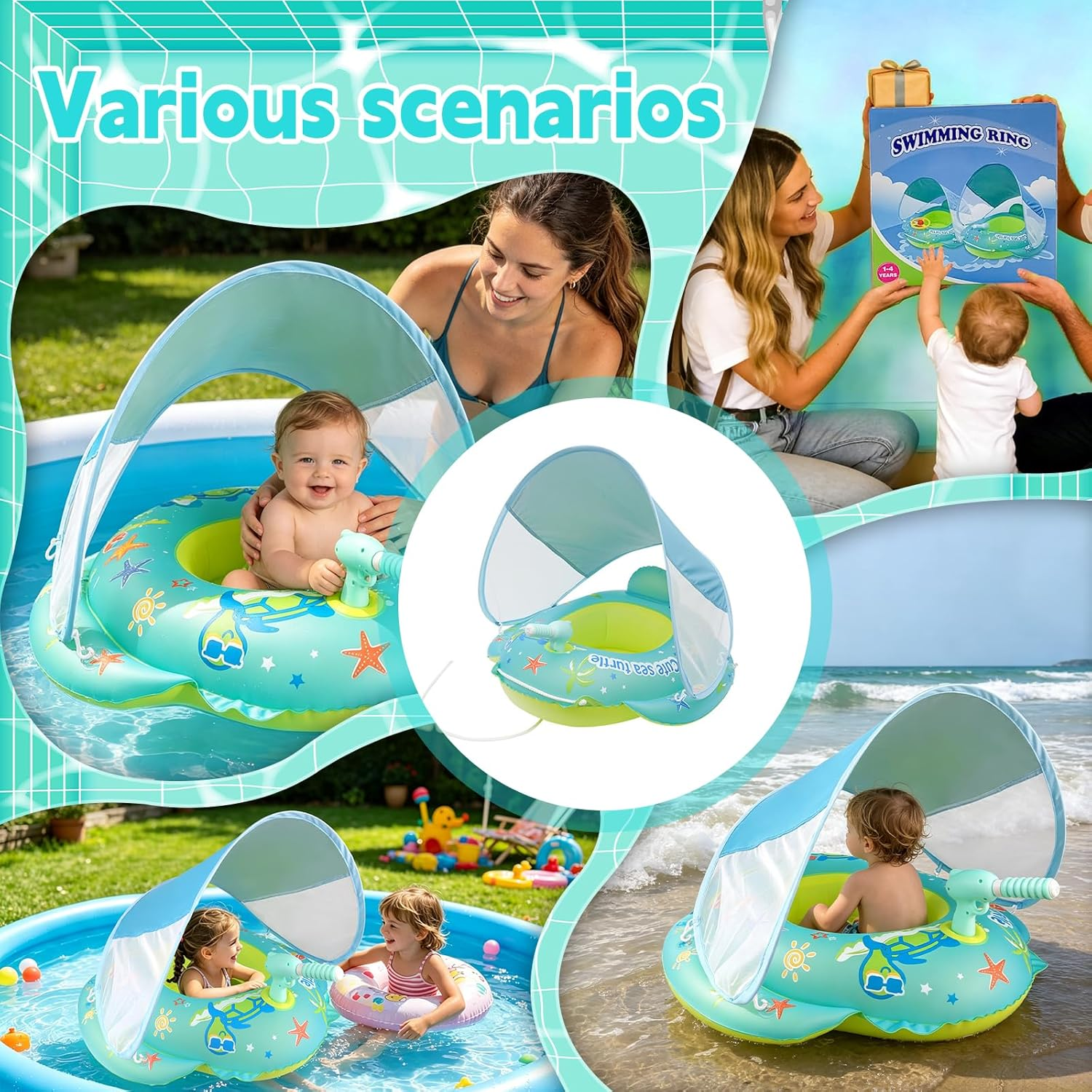 Baby-Schwimmring mit Sonnenschutz im Pool, am Strand und im Garten.