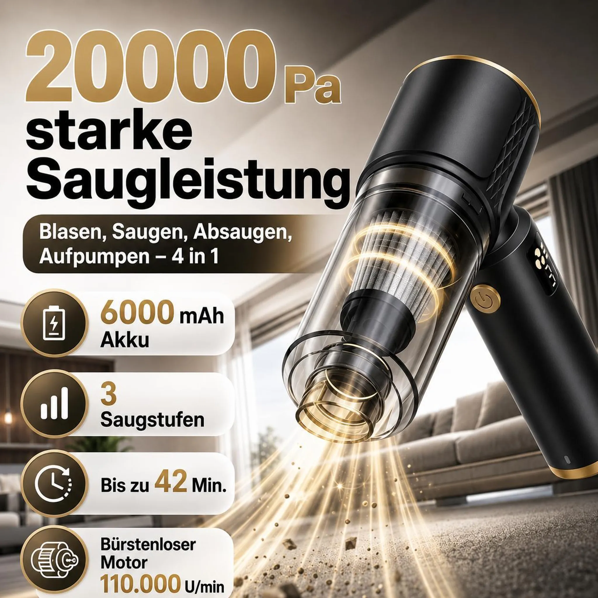 Schwarzer Handstaubsauger mit goldener Zierleiste, saugt Staub auf Teppich.