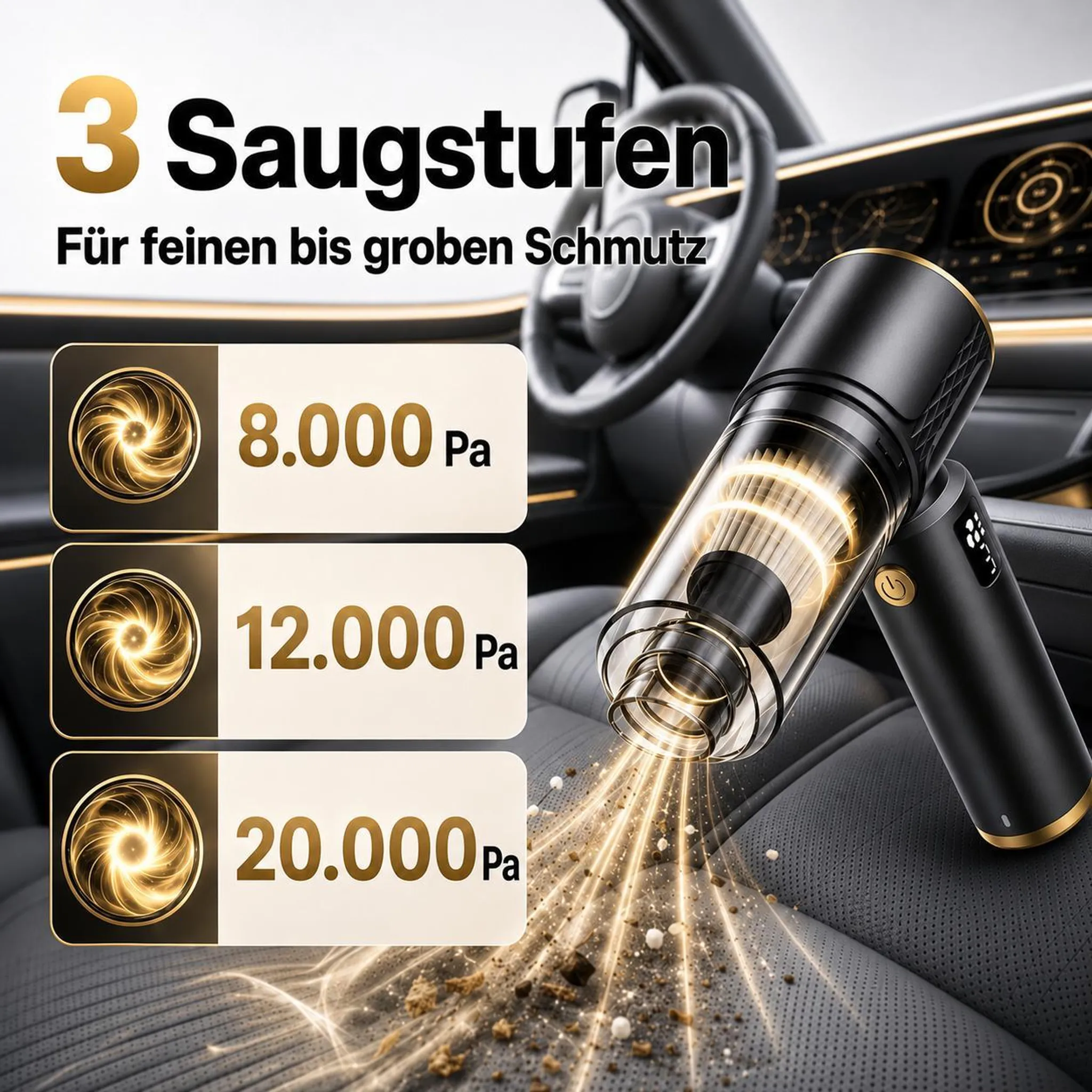 Schwarzer Auto-Staubsauger mit 3 Saugstufen: 8k, 12k, 20k Pa. Reinigt Autoinnenraum.