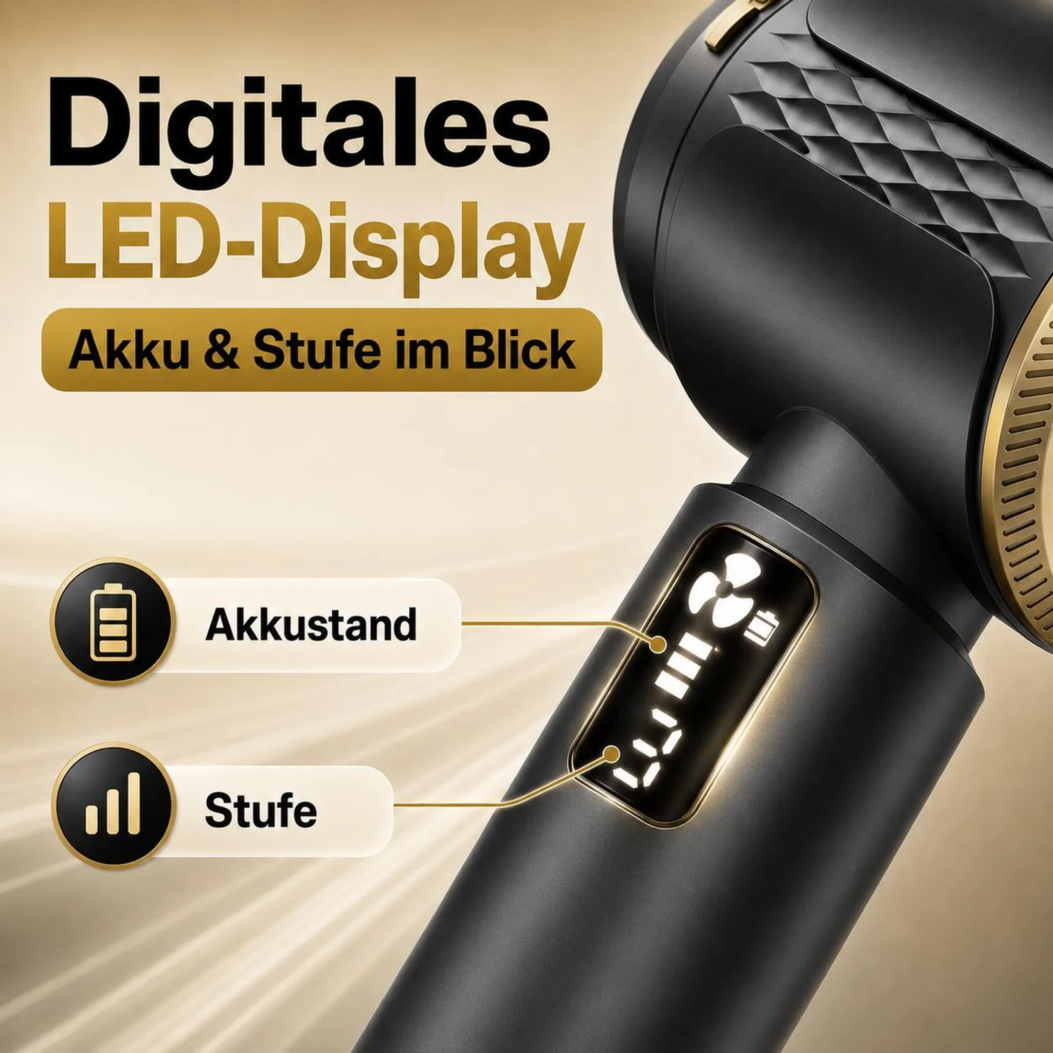 Schwarzer Massagegerät mit digitalem Display für Akku und Stufe.