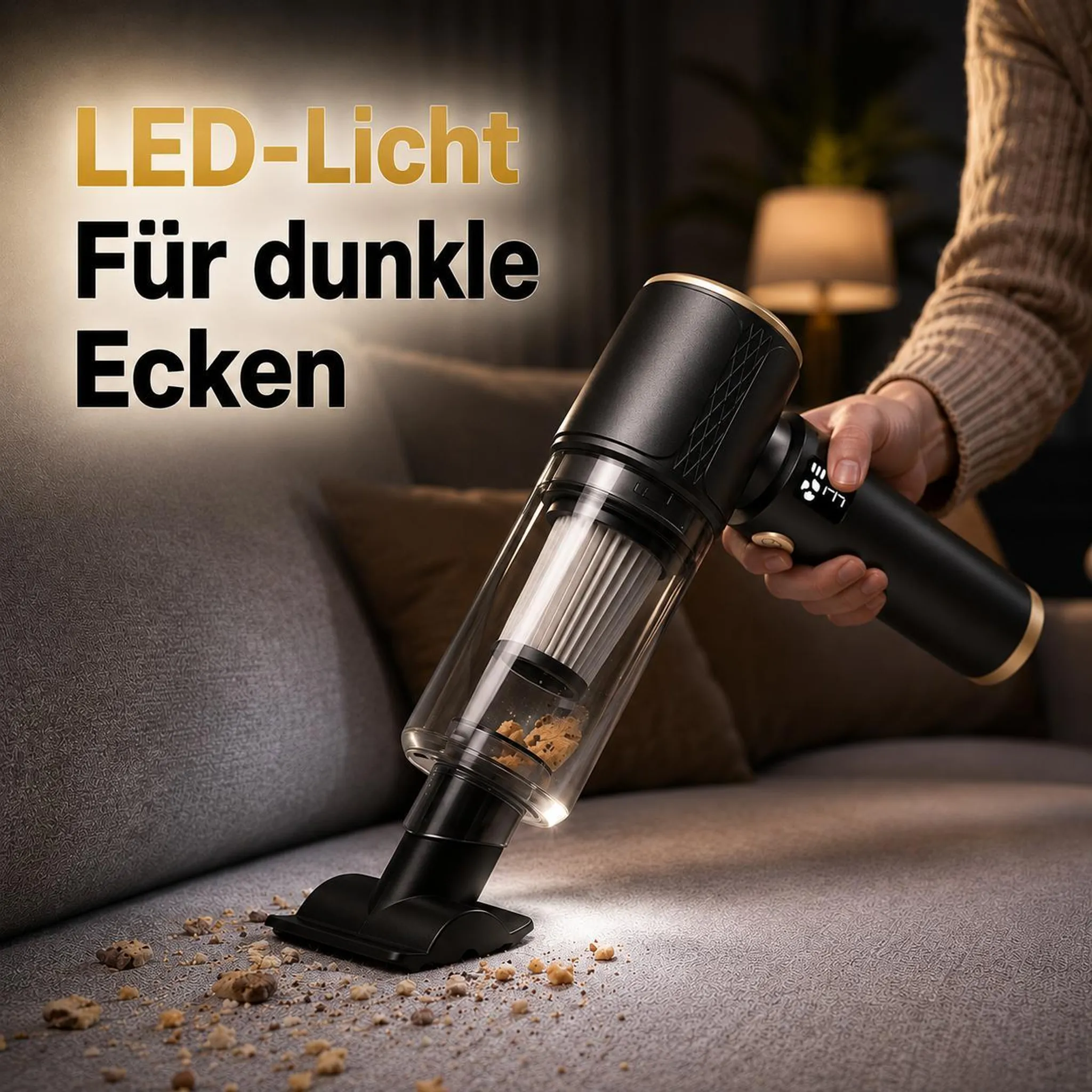 Schwarzer Handstaubsauger mit LED-Licht reinigt Krümel von einem grauen Sofa.