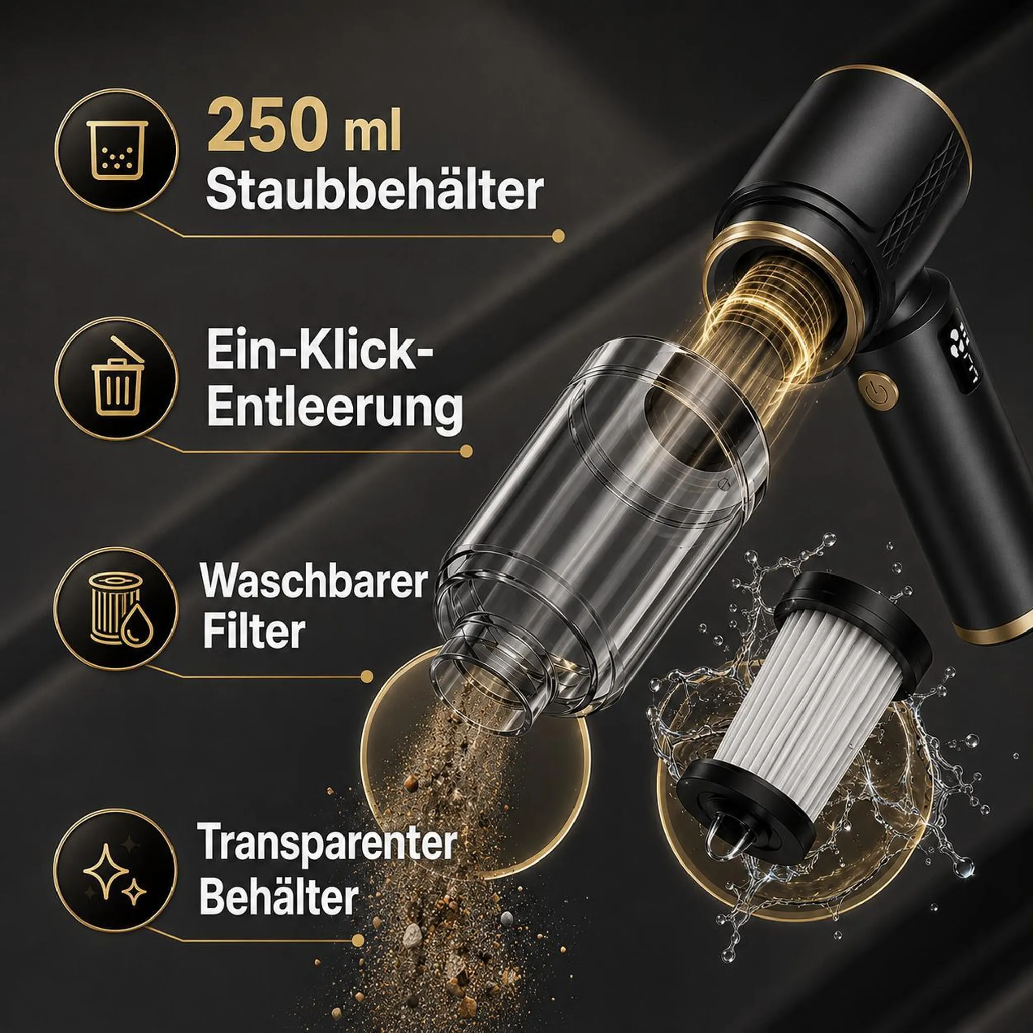 Ein schwarzer Handstaubsauger mit transparentem Behälter, Staub und einem Filter.
