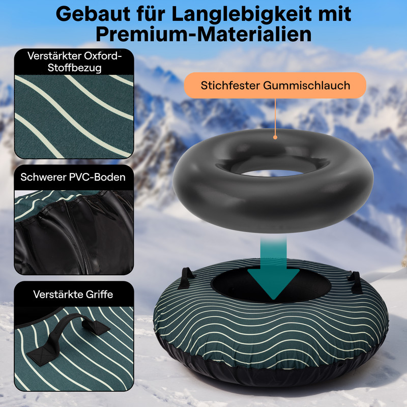 Schneereifen-Konstruktion mit Oxford-Bezug, PVC-Boden und Griffen.