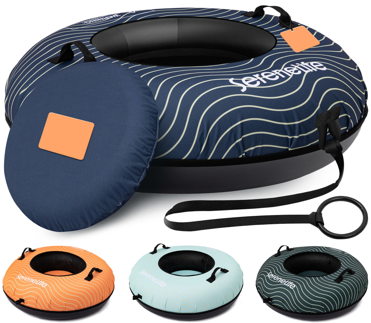 Ein blauer Snowtube mit Wellenmuster, ein orangefarbener, hellblauer und ein dunkelgrüner Snowtube.