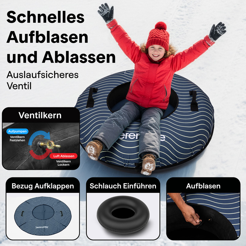 Ein Kind in einer roten Jacke sitzt auf einem blau-weiß gestreiften Schneeschlauch, mit Diagrammen, die die Aufblasschritte zeigen.