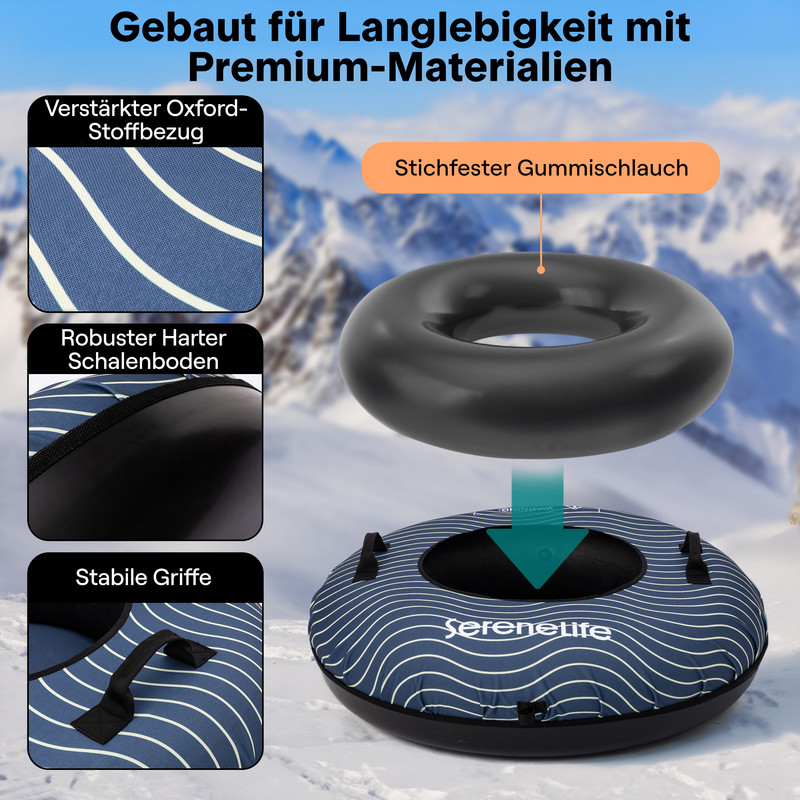 Ein Schneeschlauch mit blau-weiß gestreiftem Stoffbezug, einem schwarzen Hartschalenboden und verstärktem Oxford-Gewebe.