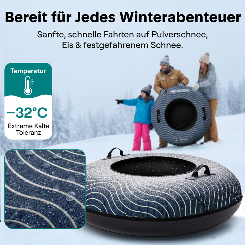 Familie im Schnee mit Schlauchbooten, Temperaturanzeige bei -32°C.