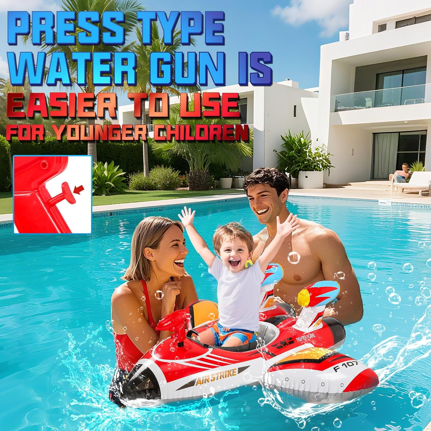 Familie im Pool mit aufblasbarem Flugzeug und Wasserspritzern.