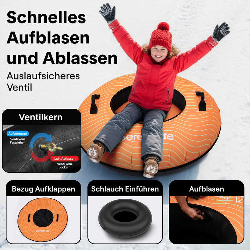 Kind im aufblasbaren Schlauch mit Anleitungsgrafiken für Ventil und Schlauch.