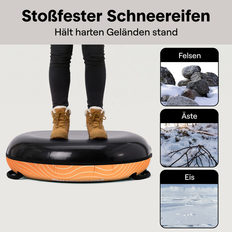 Person steht auf schwarzer Schneereifen mit orangefarbenem Muster. Drei Bilder zeigen Felsen, Äste und Eis.