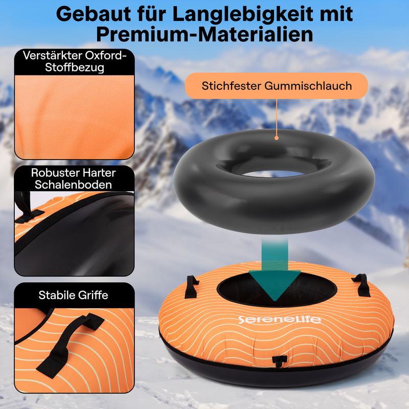 Schneereifen-Produktbild mit Detailaufnahmen und Text, die Premium-Materialien hervorheben.