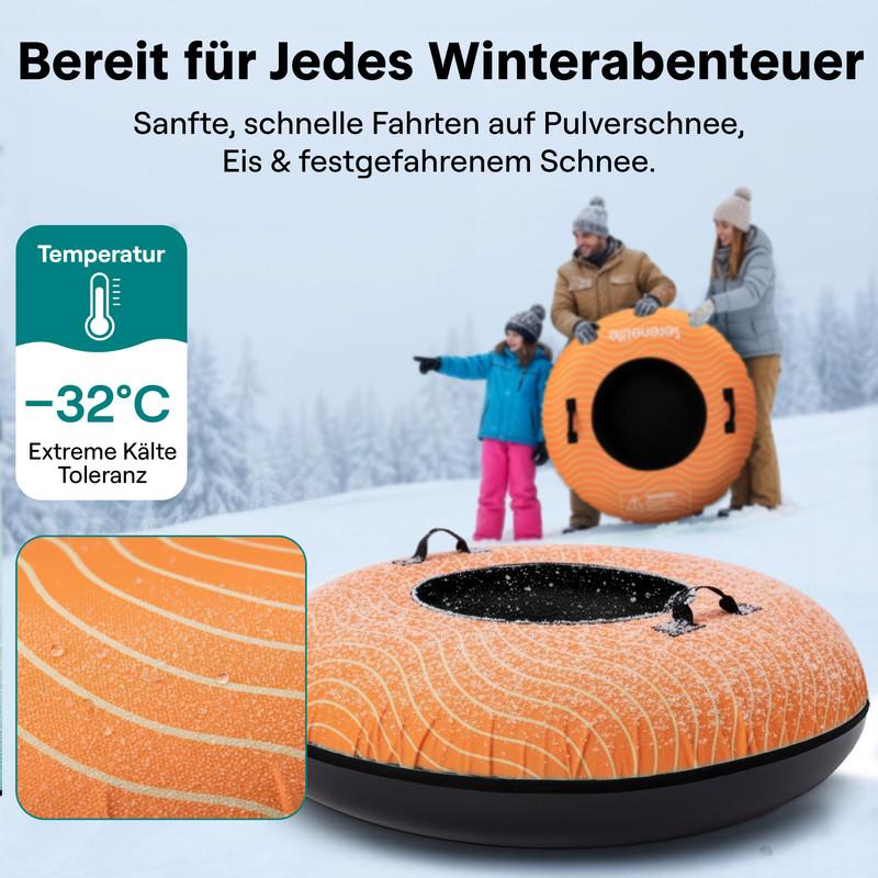 Familie im Schnee mit aufblasbarem Schlitten, Temperaturanzeige bei -32°C.