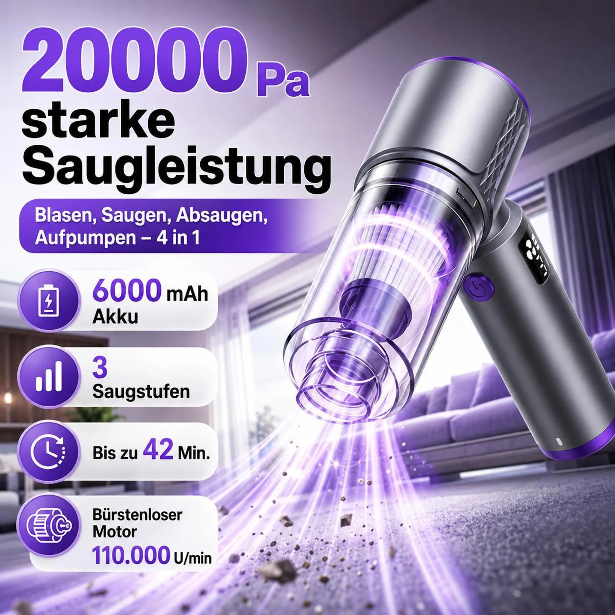 Ein kabelloser Staubsauger mit starker Saugleistung und lila Akzenten, der Staub aufsaugt.