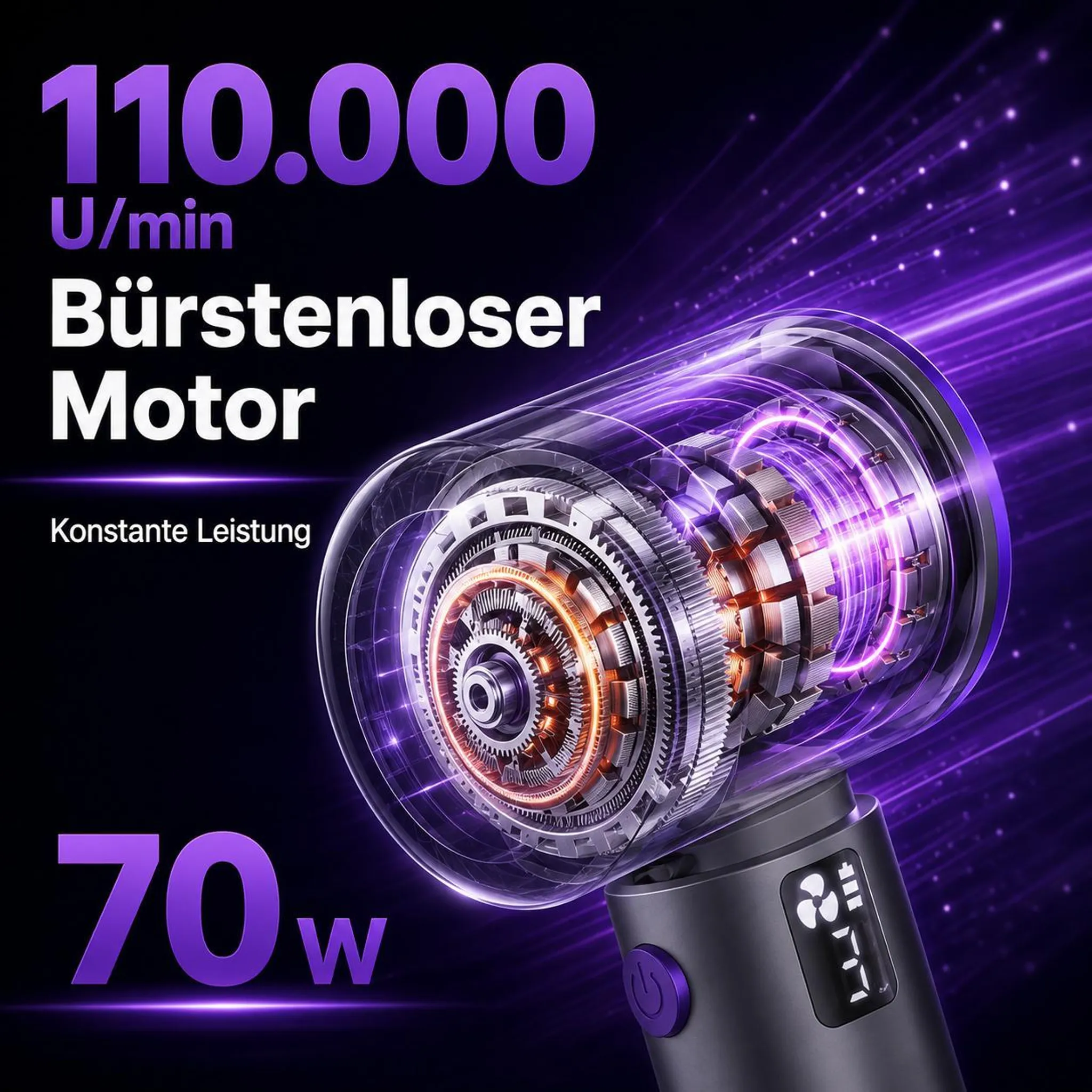 Nahaufnahme eines Haartrocknermotors mit 110.000 U/min und 70W.
