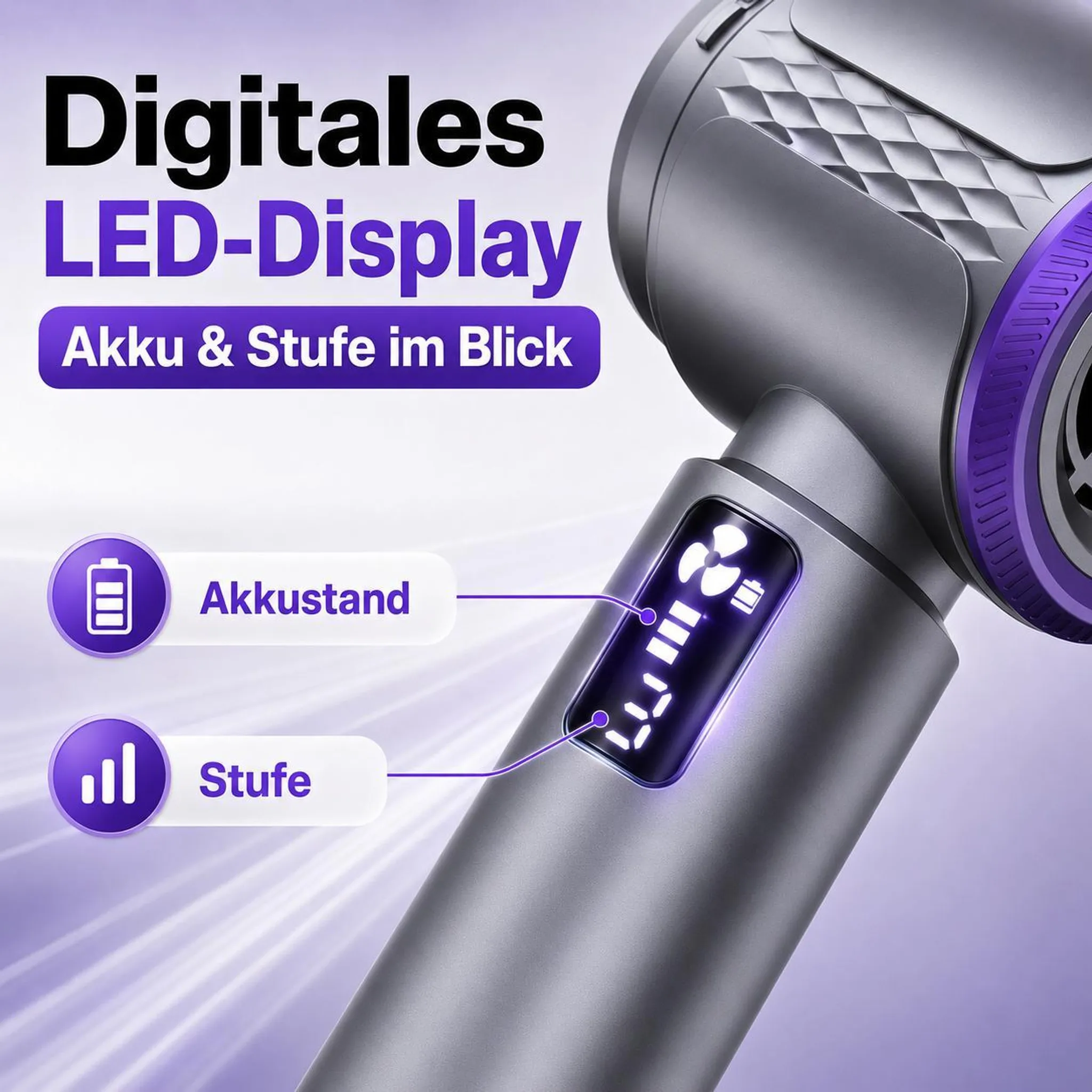 Graues Gerät mit lila Akzenten, LED-Display zeigt Akku und Stufe.