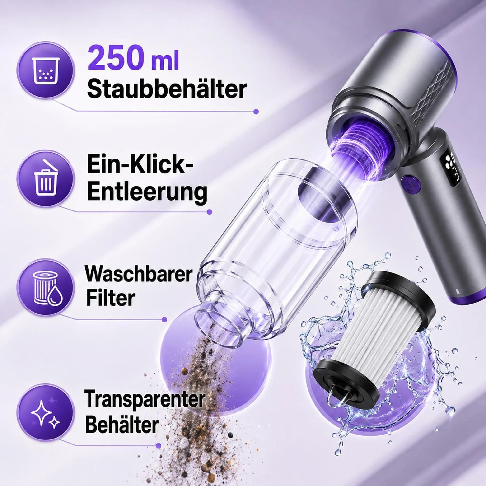 Handstaubsauger mit 250ml Staubbehälter, Ein-Klick-Entleerung, waschbarem Filter.