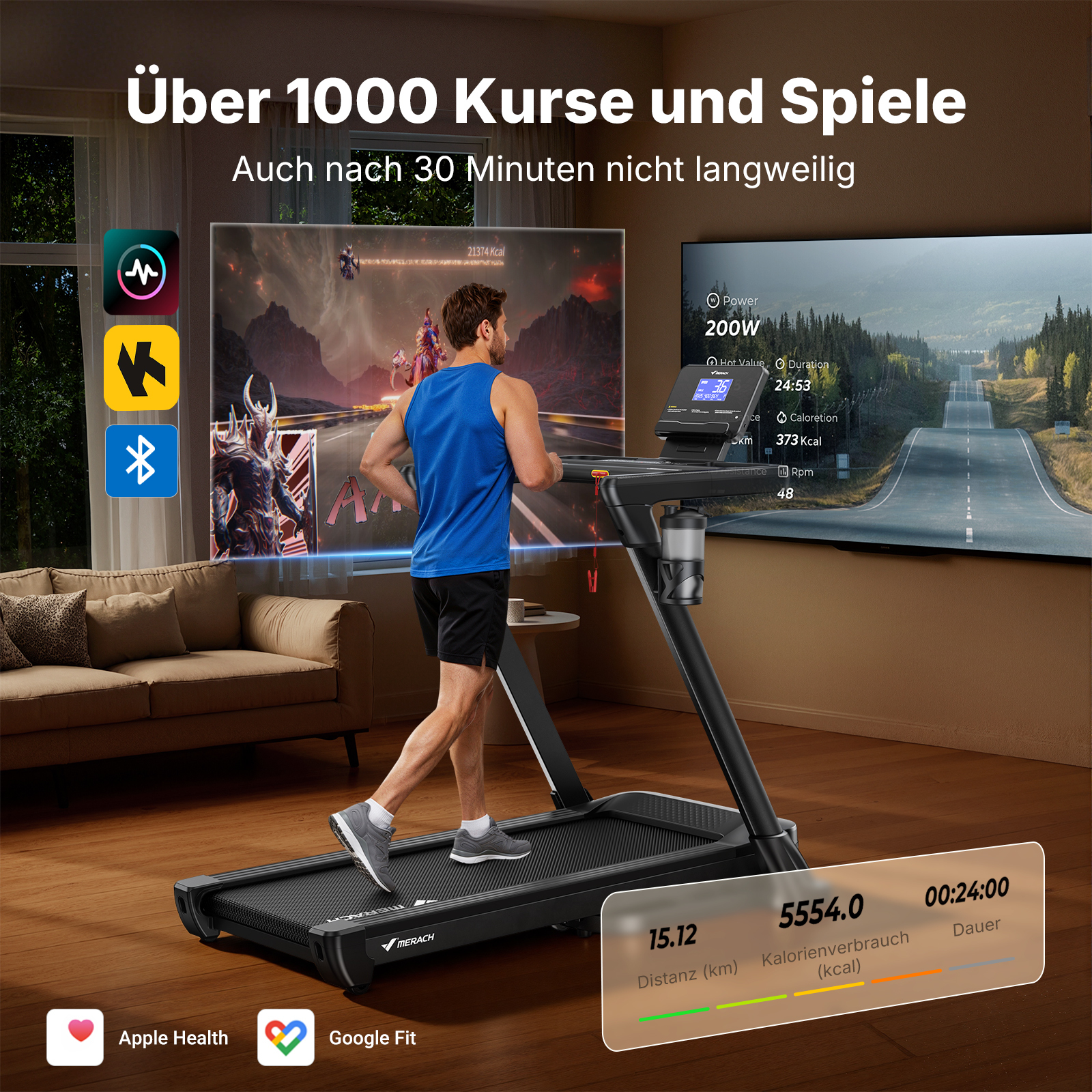 Hombre en cinta de correr con pantalla que muestra juegos y estadísticas. Más de 1000 cursos.